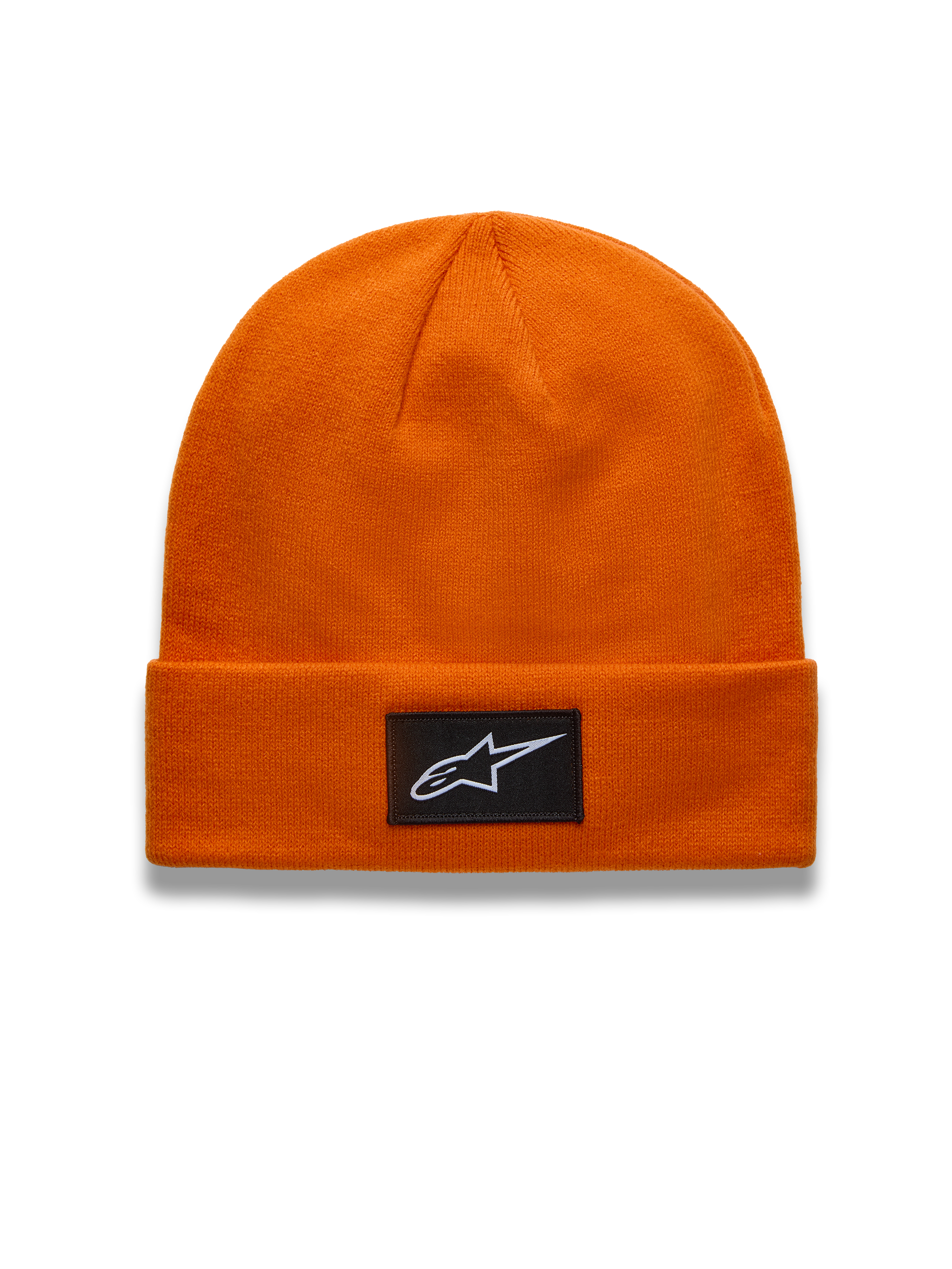 Alpinestars Augment Cuff Beanie, orange knit sportswear winter hat with a black woven Astars logo patch.