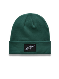 Alpinestars Augment Cuff Beanie, green knit jersey sportswear hat with a black star logo patch on the folded cuff.