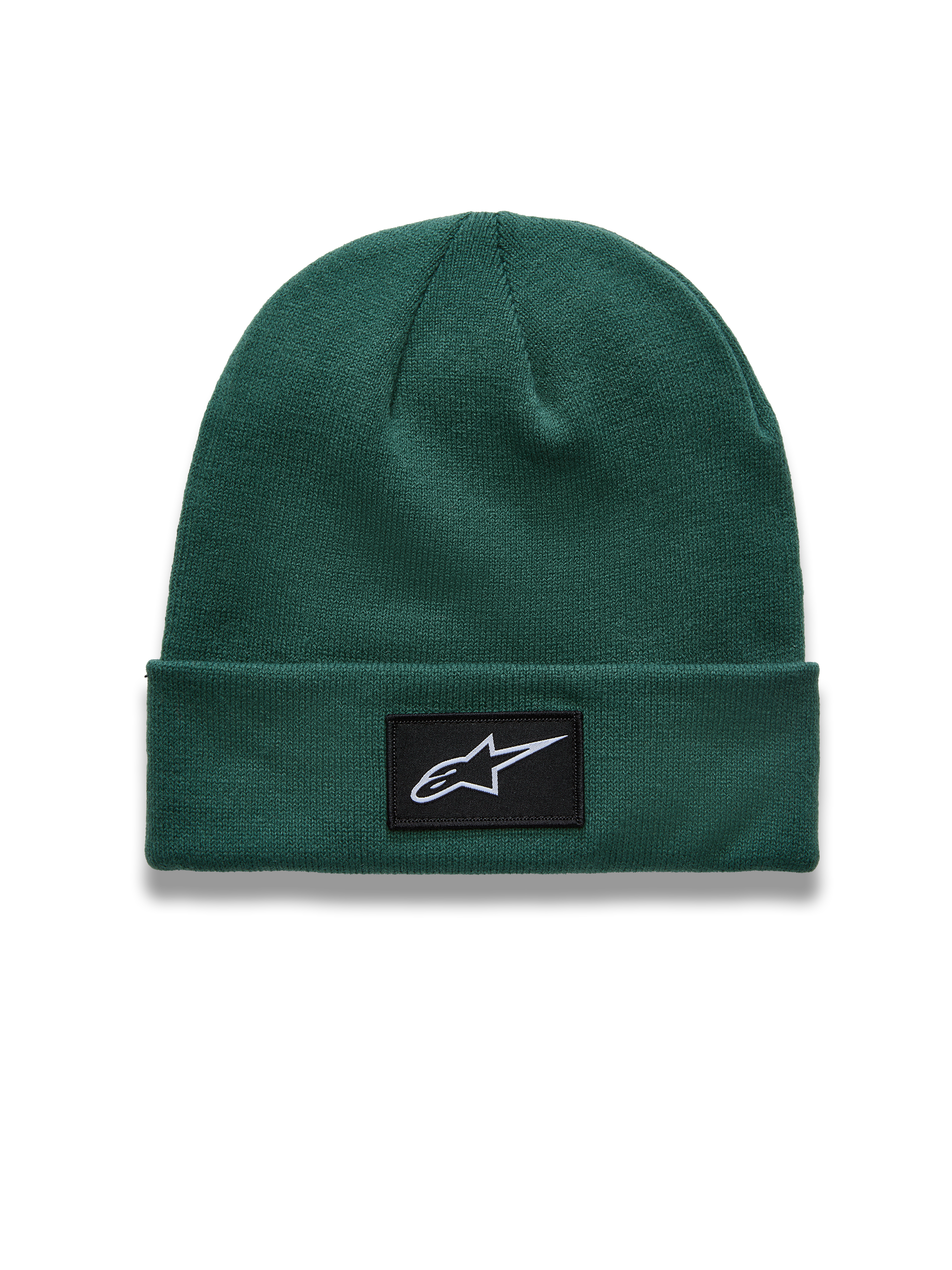 Alpinestars Augment Cuff Beanie, green knit jersey sportswear hat with a black star logo patch on the folded cuff.