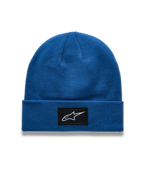 Alpinestars Augment Cuff Beanie, Blue knit jersey sportswear hat featuring a woven black Astars logo patch.