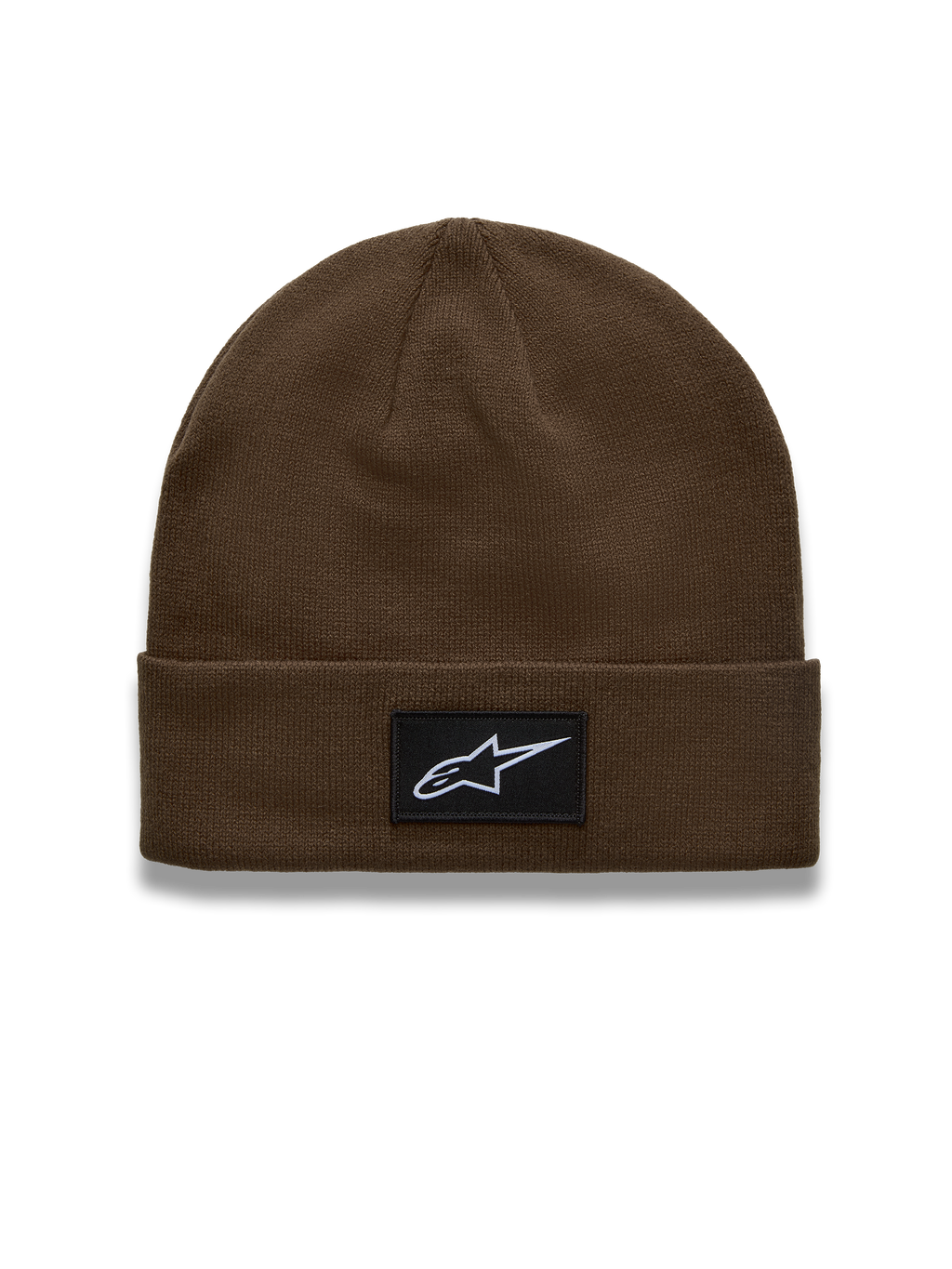 Alpinestars Augment Cuff Beanie, brown knit acrylic hat with a woven Astars logo patch and bike-chain border detail.