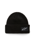 Alpinestars Unload Rib Cuff Beanie, gebreide muts, zwart, voorzien van een geribbelde omslag met een witte geweven Astars-logopatch, ondiepe pasvorm, casual sportkleding