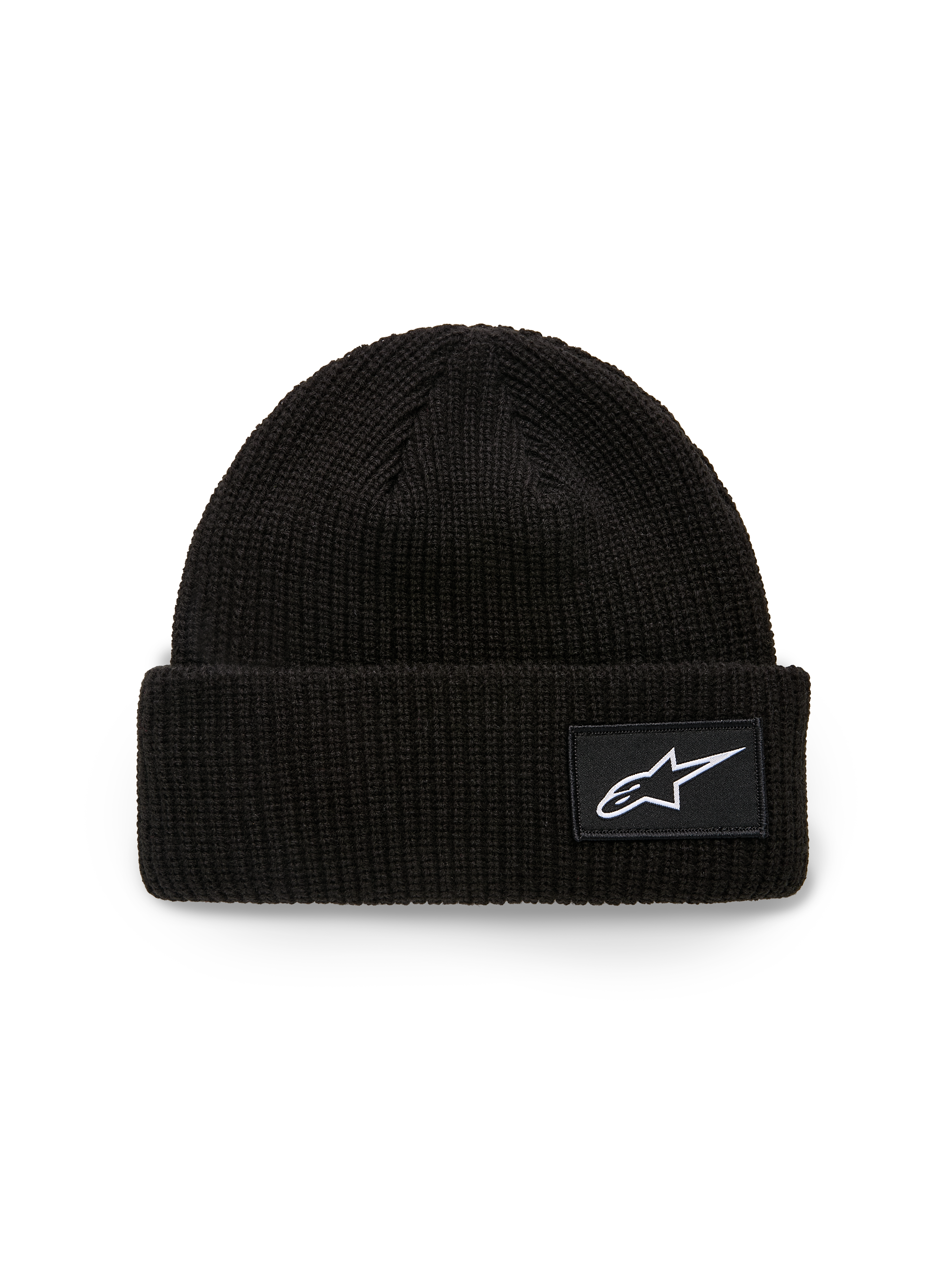 Alpinestars Unload Rib Cuff Beanie, Knit Beanie, Black, featuring a ribbed cuff with a white Astars logo woven patch, shallow fit, casual sportswear