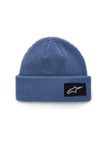 Alpinestars Unload Rib Cuff Beanie, blauw, gebreide jersey steek constructie, ondiepe pasvorm met omgeslagen boord, zwarte geweven patch met wit Astars-logo, casual sportswear hoofdbedekking