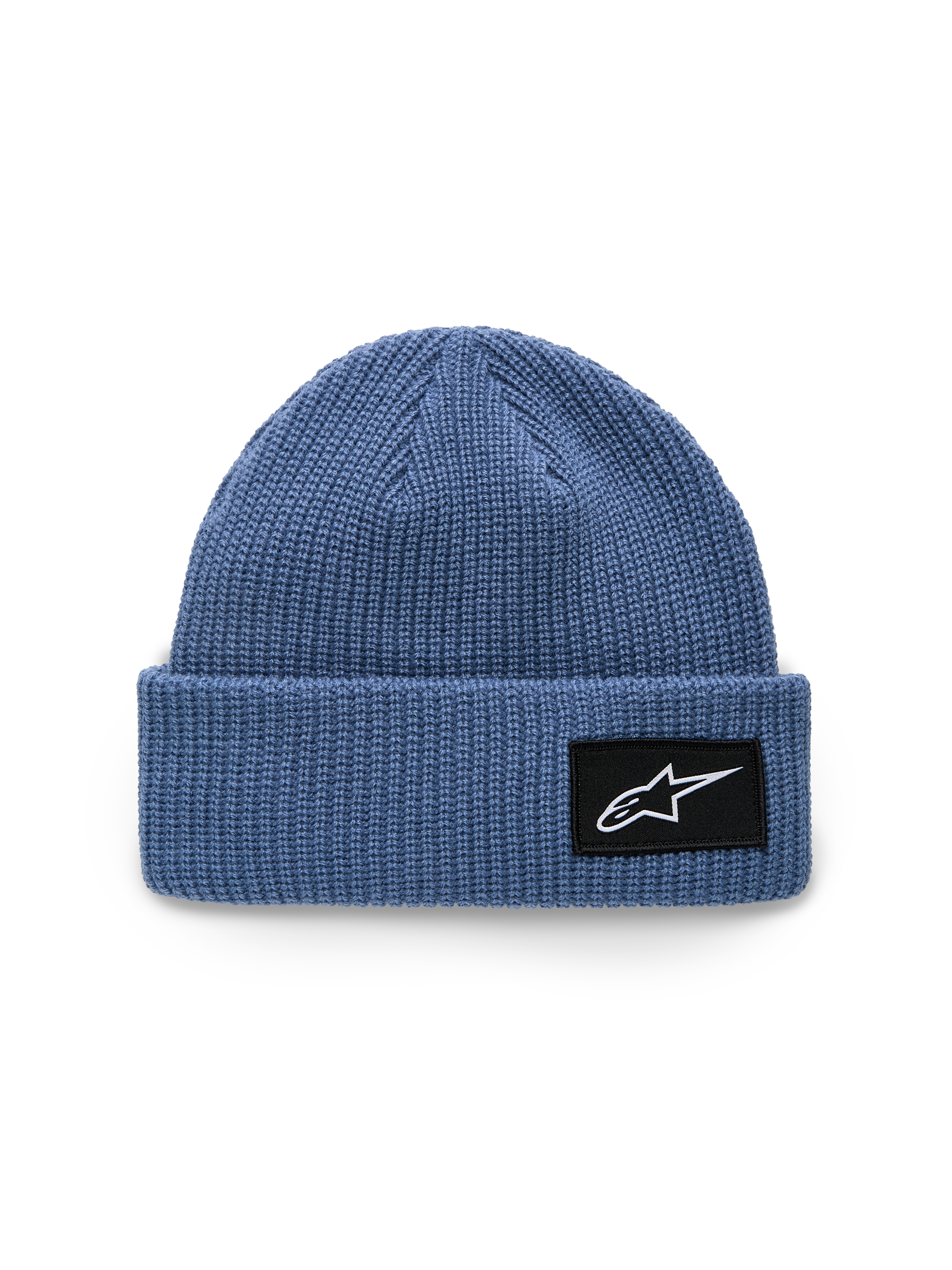 Alpinestars Unload Rib Cuff Beanie, blauw, gebreide jersey steek constructie, ondiepe pasvorm met omgeslagen boord, zwarte geweven patch met wit Astars-logo, casual sportswear hoofdbedekking