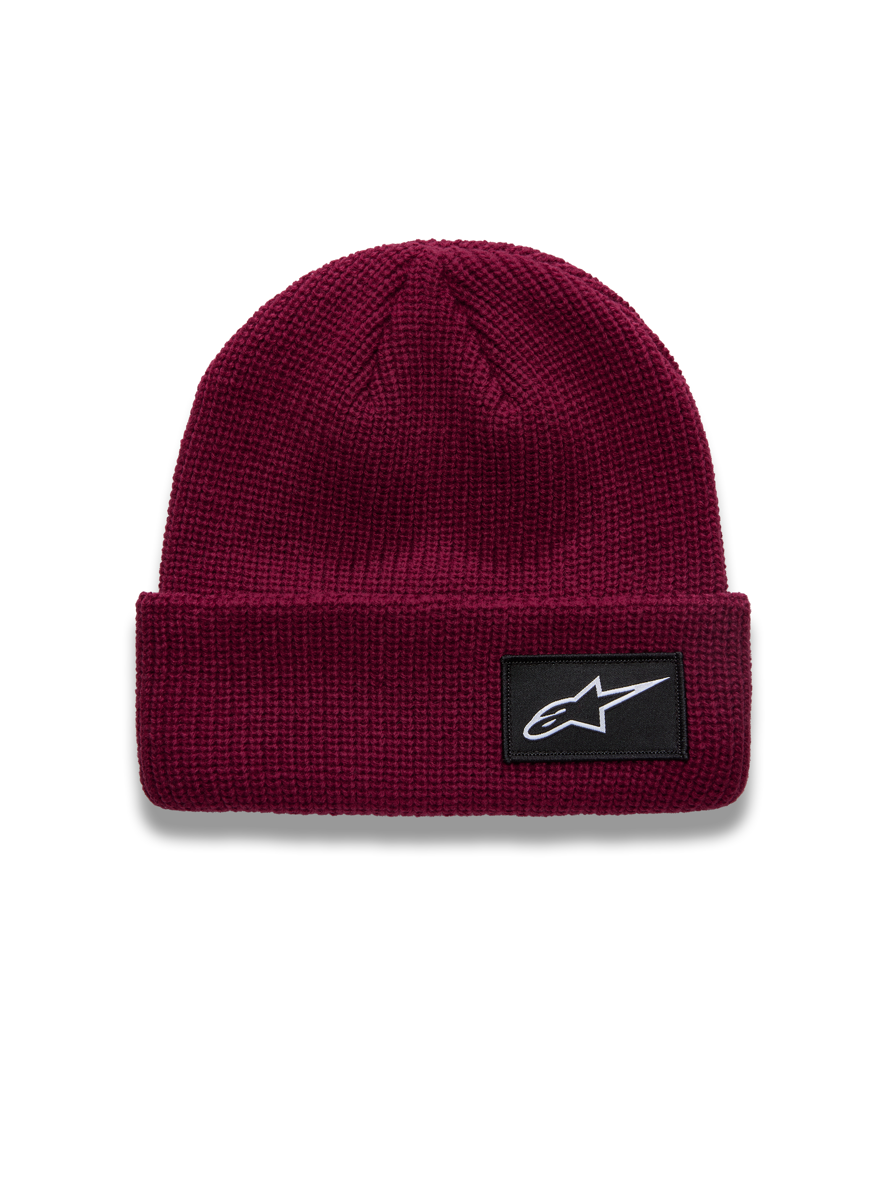 Alpinestars Unload Rib Cuff Bonnet, bonnet en maille jersey tricotée couleur Berry, doté d'un écusson tissé noir et du logo Astars blanc.