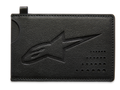 Alpinestars Ageless creditcardhouder, zwarte splitleren pasjeshouder, geëmbosseerd Astars-logo, gebogen inkeping voor het eenvoudig uitnemen van pasjes, geperforeerd stippendetail, slank motorsport-geïnspireerd accessoire