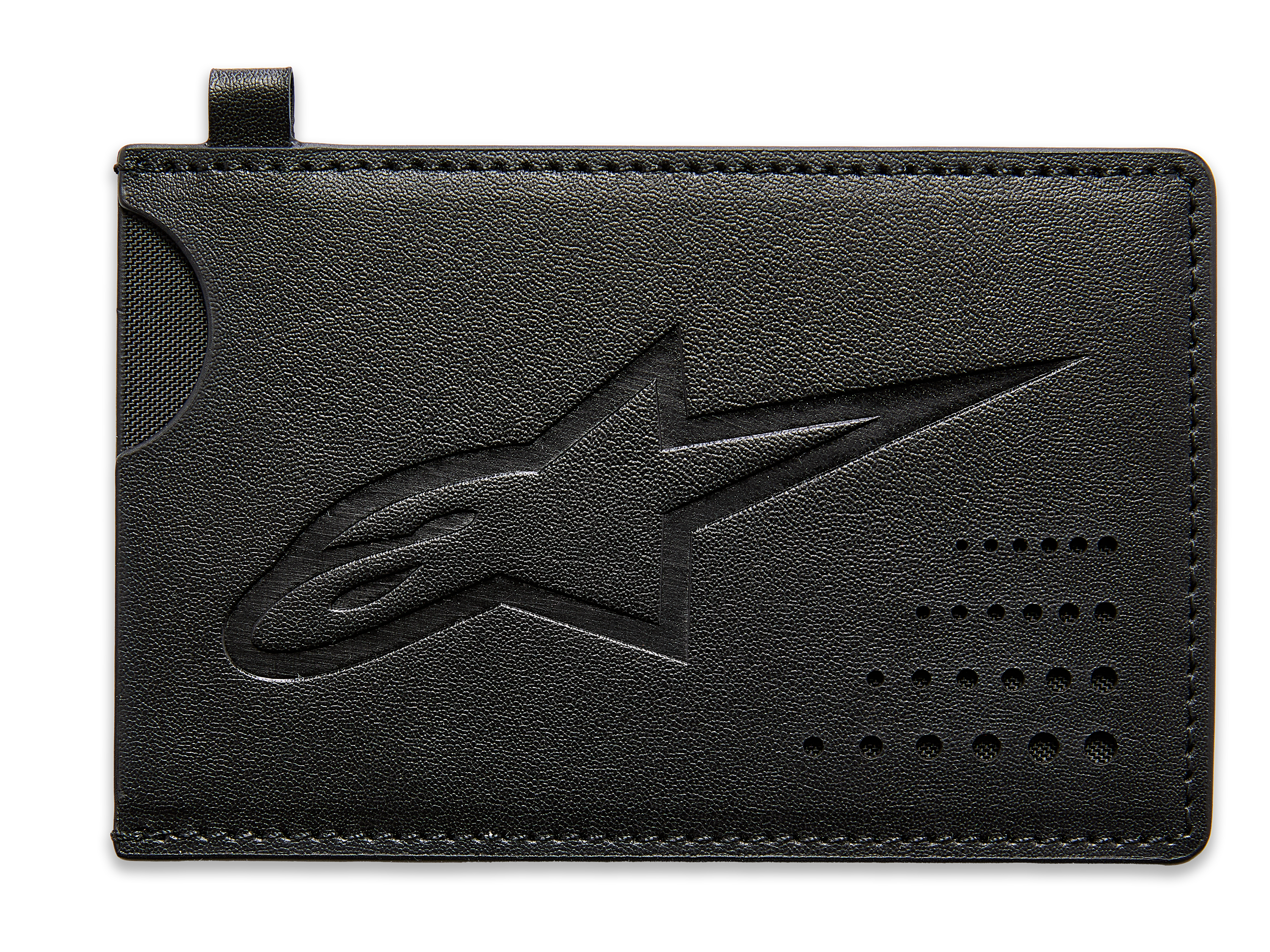 Alpinestars Ageless creditcardhouder, zwarte splitleren pasjeshouder, geëmbosseerd Astars-logo, gebogen inkeping voor het eenvoudig uitnemen van pasjes, geperforeerd stippendetail, slank motorsport-geïnspireerd accessoire