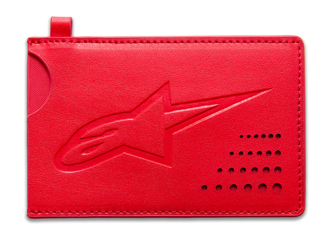 Alpinestars Ageless Kreditkartenhalter, Rot, klassische Geldbörse aus Spaltleder, geprägtes Astars-Logo, gebogene Kerbe, perforiertes Eckdetail, schlankes minimalistisches Accessoire