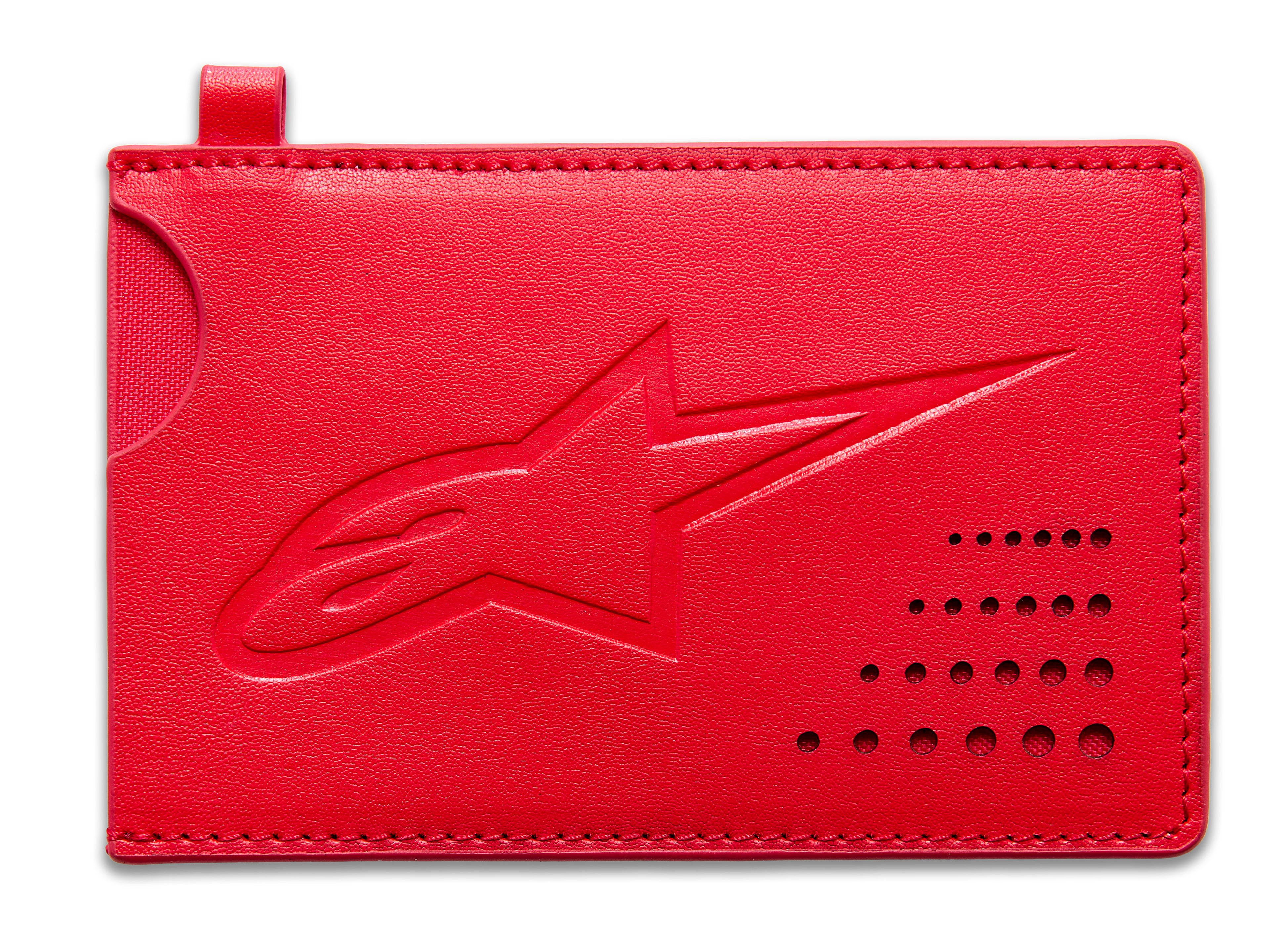 Alpinestars Ageless creditcardhouder, rood, klassieke portemonnee van split-leer, gedebosseerd Astars-logo, gebogen inkeping, geperforeerd hoekdetail, slank minimalistisch accessoire