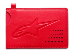Alpinestars Ageless Kreditkartenhalter, minimalistisches rotes Leder-Kartenetui mit geprägtem Logo und gebogener Kerbe.