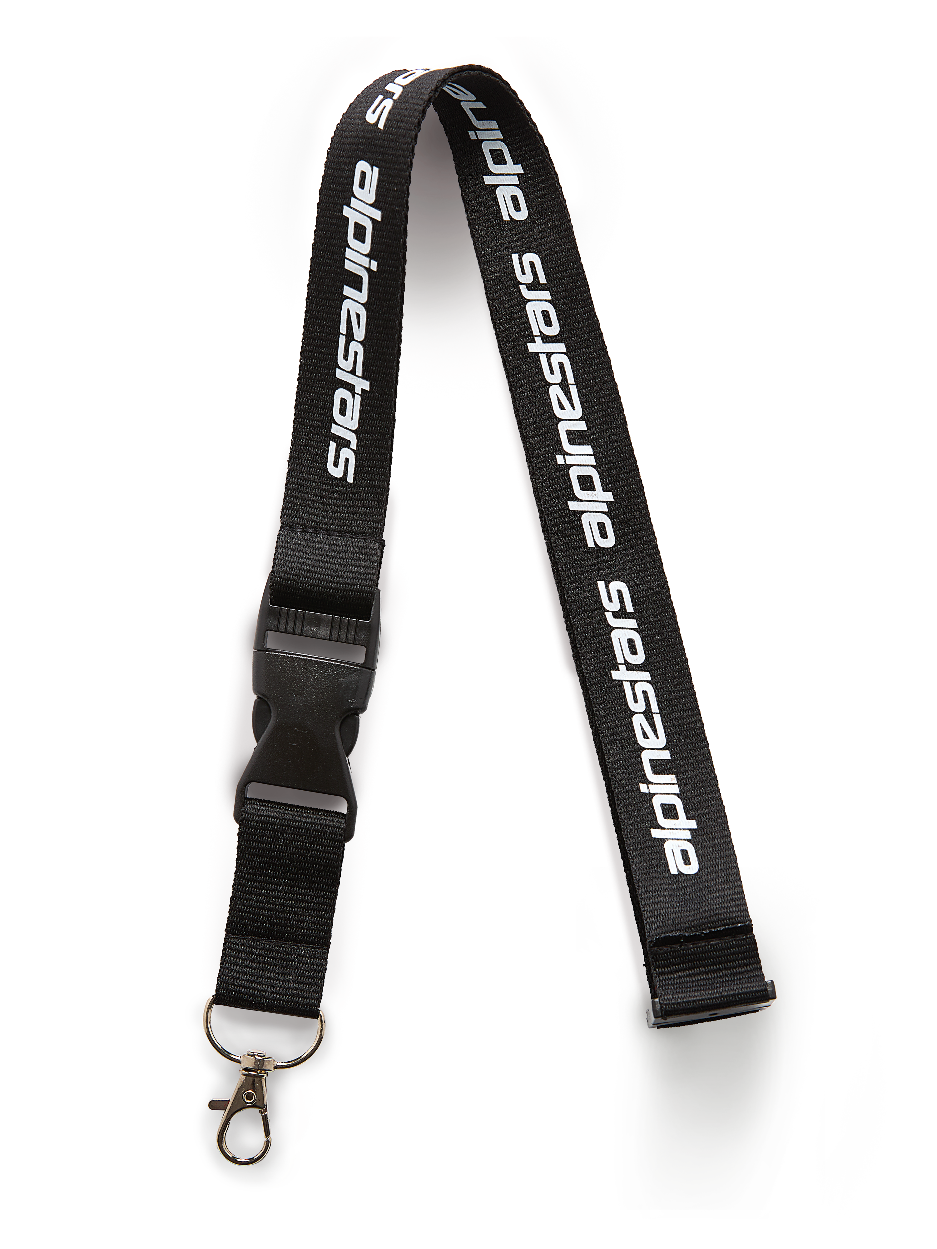 Alpinestars Linear sleutelkoord, zwart en wit, zwarte band met bedrukt wit Alpinestars tekstlogo, voorzien van een zwarte plastic veiligheidssluiting en een metalen draaiclip, casual sportaccessoire