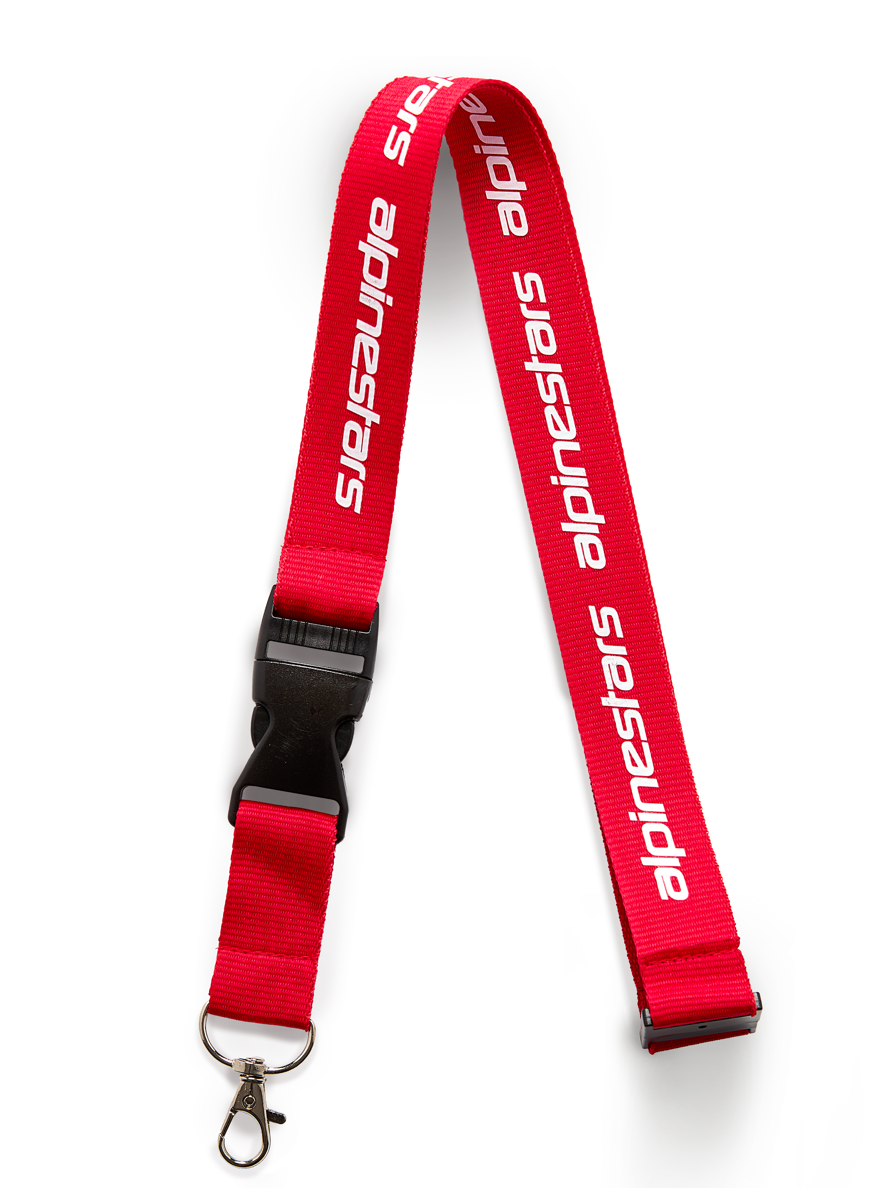 Alpinestars Linear sleutelkoord, rood en wit, voorzien van bedrukt Alpinestars woordlogo, zwarte veiligheidsclip en afneembare metalen draaiclip, op motorsport geïnspireerd accessoire