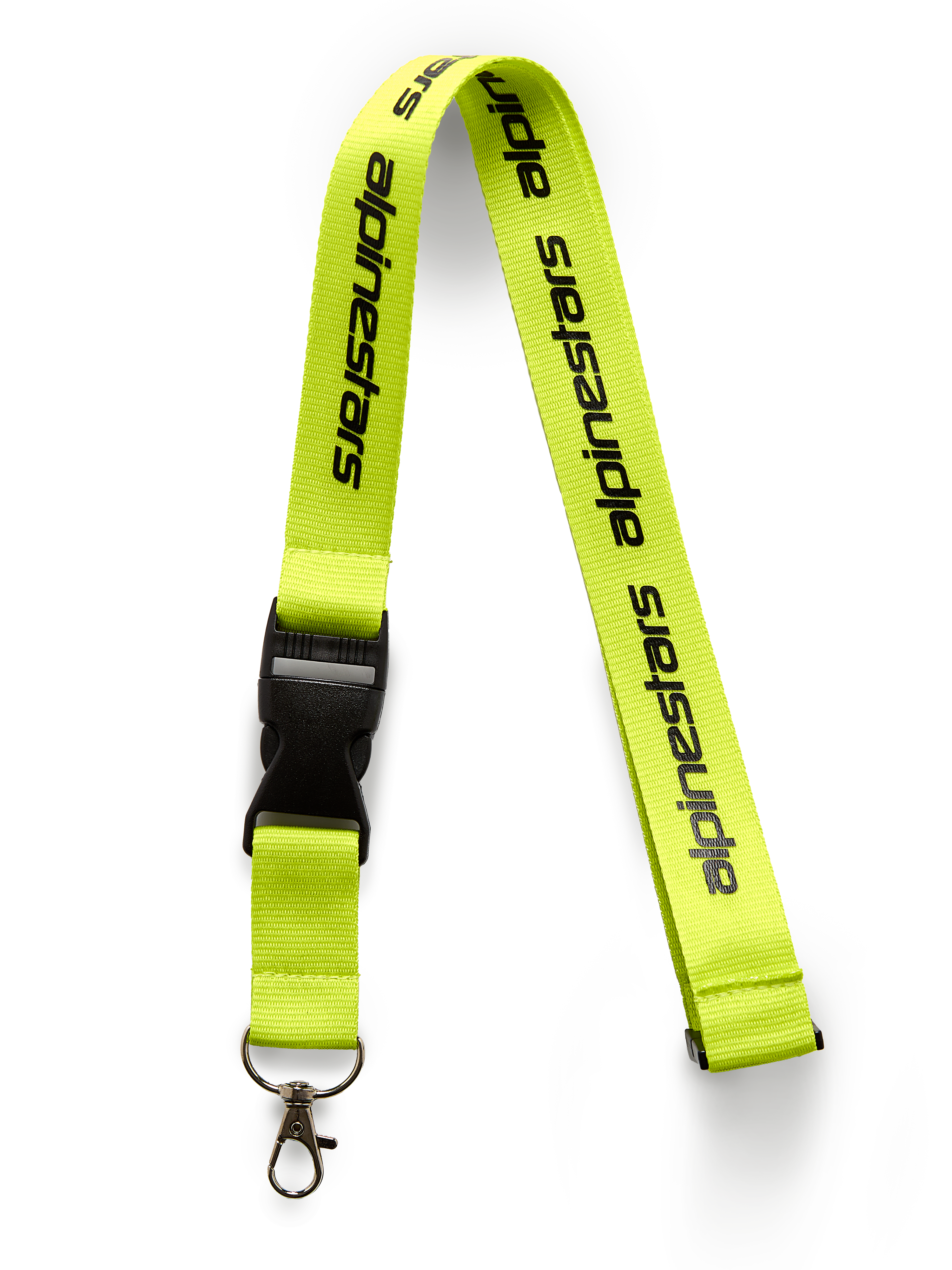 Alpinestars Linear keycord, Hi Vis geel met zwart geprint logo, voorzien van een zwarte kunststof veiligheidssluiting en metalen draaiclip, 51 cm polyester band, motorsport-geïnspireerd accessoire