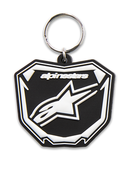 Alpinestars Plate Schlüsselanhänger, 3D-geformter Schlüsselanhänger, Schwarz und Weiß, mit Astars MX-Plattengrafik, weißem Logo und Text, silberner Metall-Schnappring, vom Motorsport inspiriertes Accessoire