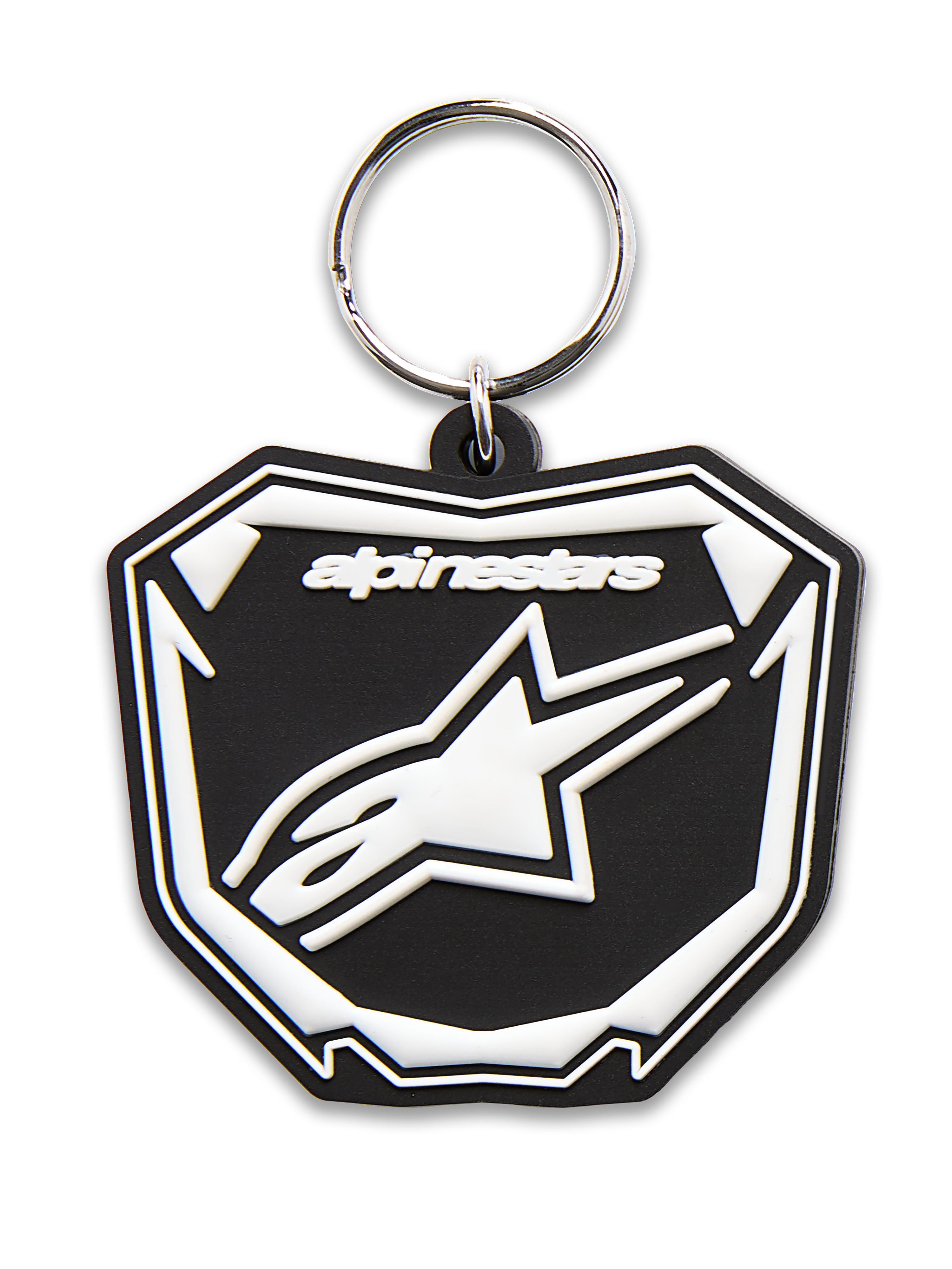 Alpinestars Plate Keyfob, 3D molded keychain, Black and White, featuring Astars MX plate graphic with white logo and text, silver metal snap ring, motorsport-inspired accessory