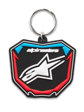 Alpinestars Plate sleutelhanger, 3D gegoten sleutelhanger, zwart, blauw en rood, schildvormig MX-plaatontwerp met wit sterlogo en metalen ring, casual motorsportaccessoire