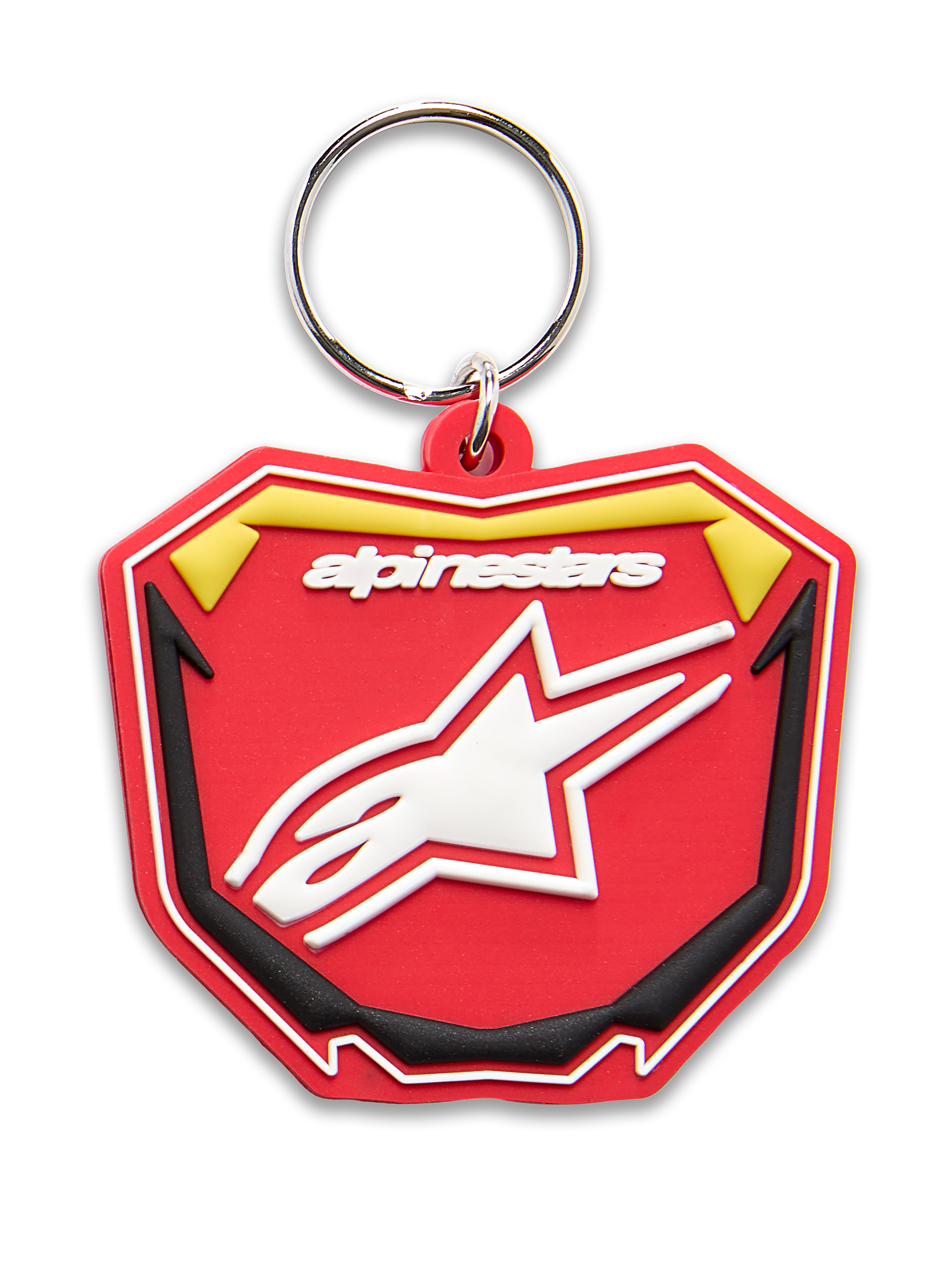 Alpinestars Plate sleutelhanger, 3D gevormde sleutelhanger, rood, geel en zwart, wit Alpinestars-logo en Astars-stersymbool, zilveren metalen ring, op motorsport geïnspireerd MX-plaatontwerp
