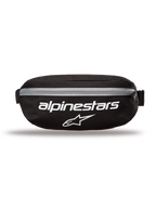 Sac banane Alpinestars Only Linear, sacoche de hanche, noir avec logos blancs et fermeture éclair grise, vue de face présentant le nom Alpinestars et le logo étoile, construction en polyester durable, sacoche compacte pour un usage quotidien