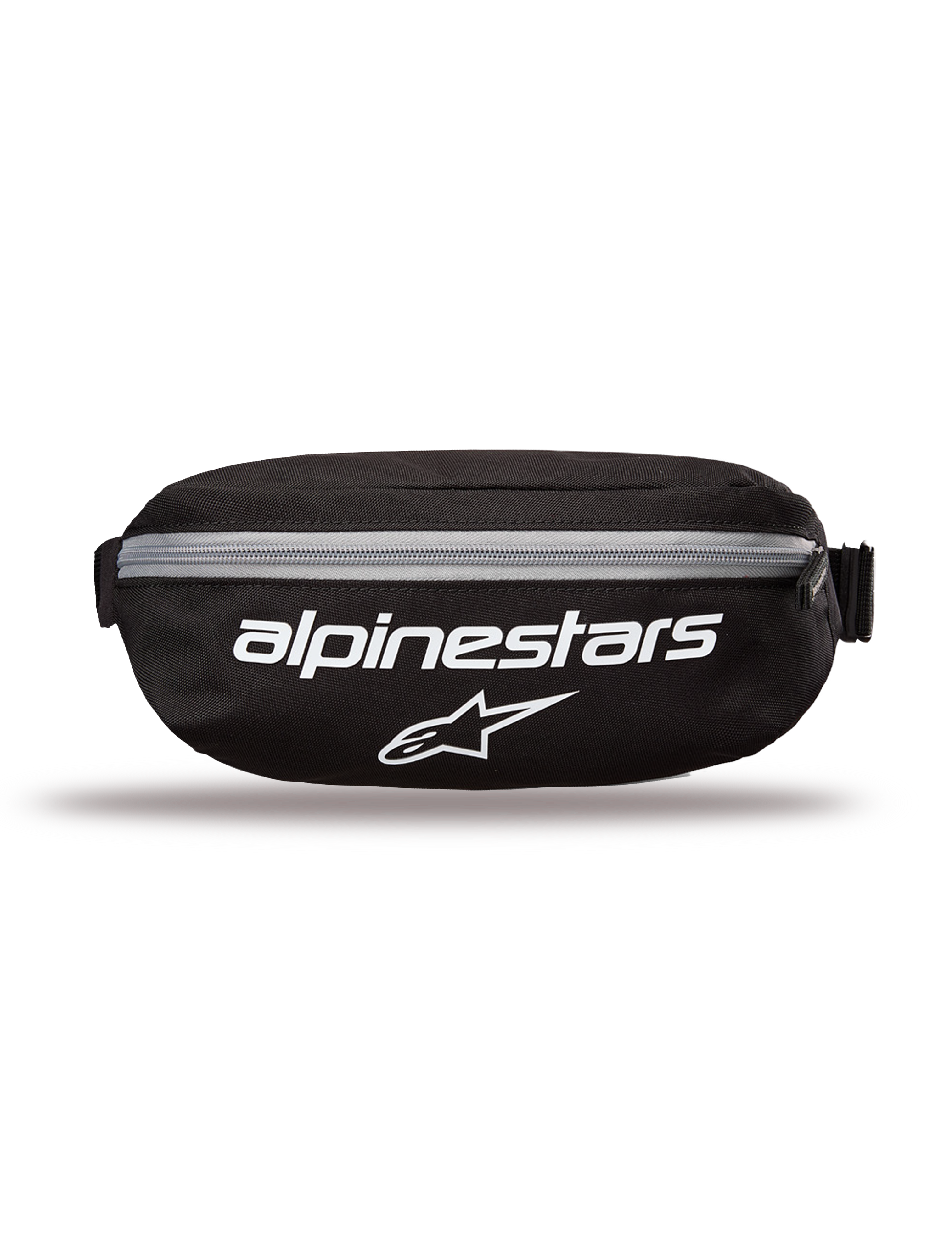 Alpinestars Only Linear heuptas, heuptas, zwart met witte logo's en grijze rits, vooraanzicht met Alpinestars-woordmerk en sterlogo, duurzame polyester constructie, compacte heuptas voor dagelijks gebruik