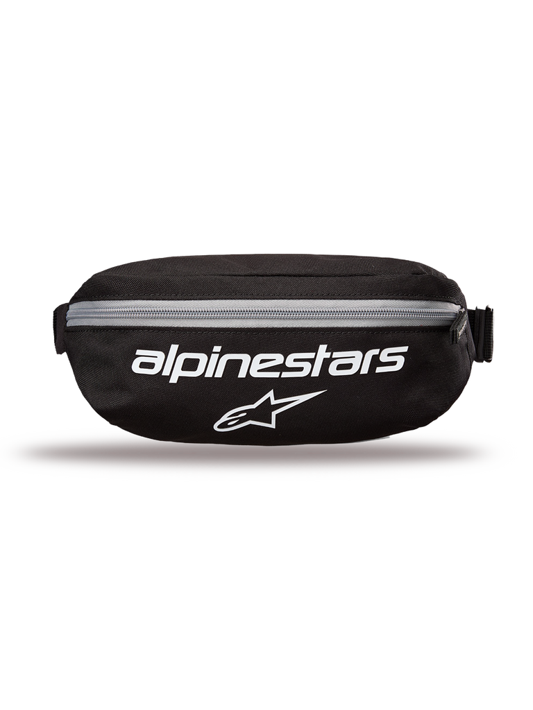 Alpinestars Only Linear Hüfttasche, Hüfttasche, Schwarz mit weißen Logos und grauem Reißverschluss, Vorderansicht mit Alpinestars-Schriftzug und Stern-Logo, strapazierfähige Polyester-Konstruktion, kompakte Hüfttasche für den täglichen Gebrauch