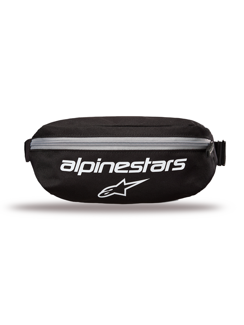 Alpinestars Only Linear heuptas, heuptas, zwart met witte logo's en grijze rits, vooraanzicht met Alpinestars-woordmerk en sterlogo, duurzame polyester constructie, compacte heuptas voor dagelijks gebruik