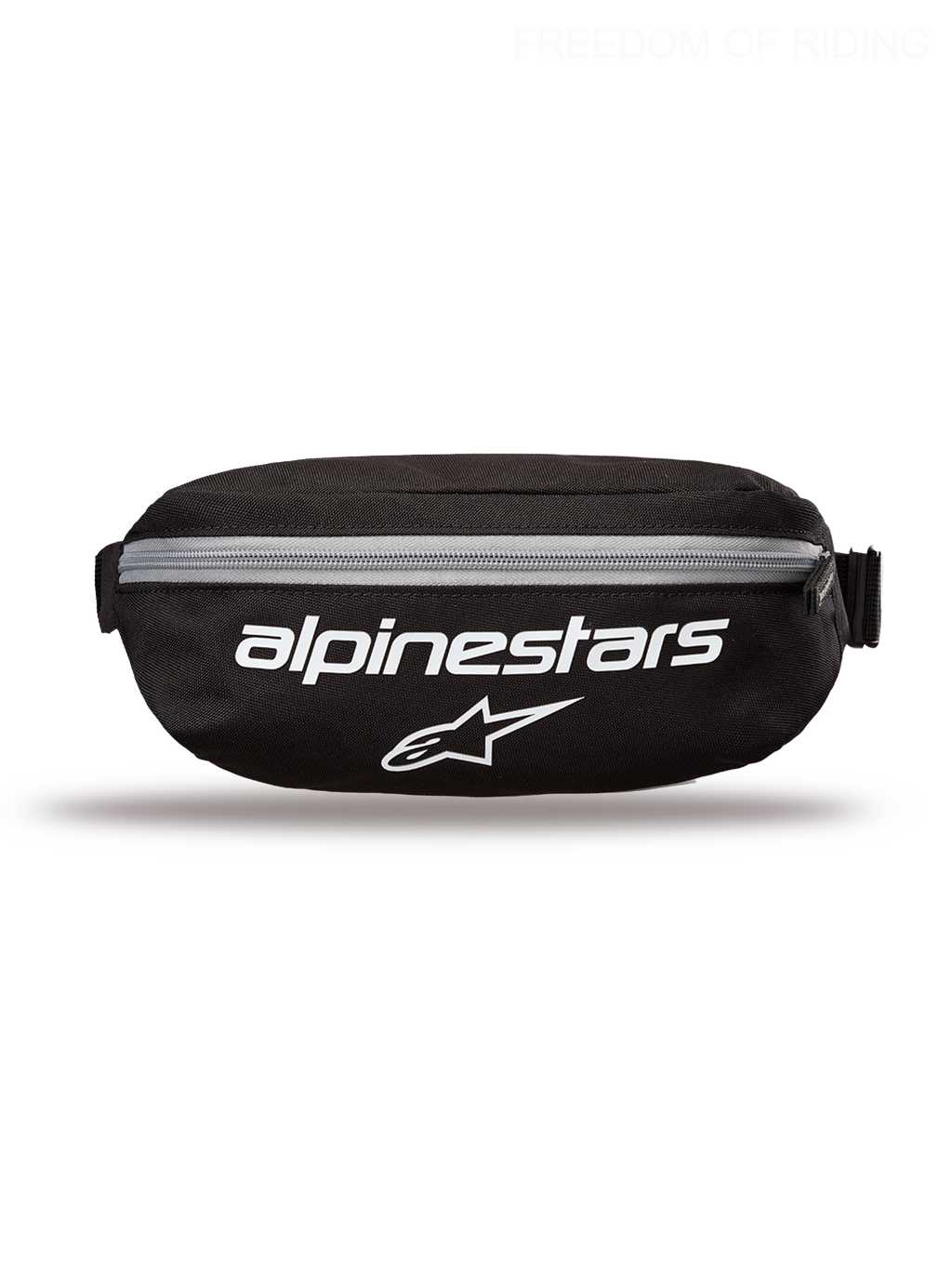 Alpinestars Only Linear Hüfttasche, Sportswear- und Casual-Hüfttasche für Herren und Damen, Schwarz und Weiß, robustes 600D Polyester-Textil, 2L Kapazität, mit großem Alpinestars-Logo-Branding auf der Vorderseite.