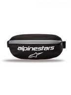 Alpinestars Only Linear Hüfttasche, Sportswear- und Casual-Hüfttasche für Herren und Damen, Schwarz und Weiß, robustes 600D Polyester-Textil, 2L Kapazität, mit großem Alpinestars-Logo-Branding auf der Vorderseite.