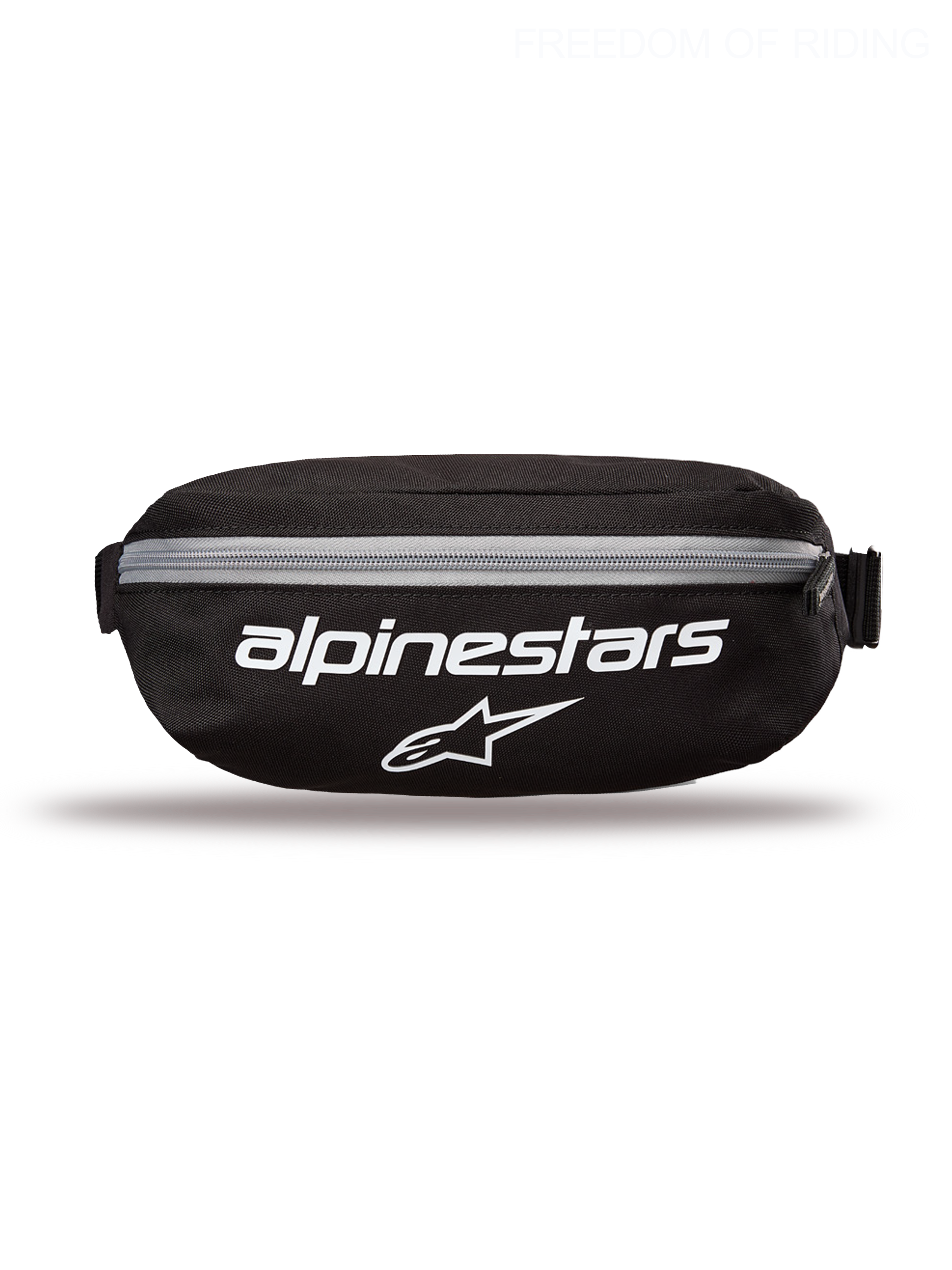 Alpinestars Only Linear Hüfttasche, Sportswear- und Casual-Hüfttasche für Herren und Damen, Schwarz und Weiß, robustes 600D Polyester-Textil, 2L Kapazität, mit großem Alpinestars-Logo-Branding auf der Vorderseite.