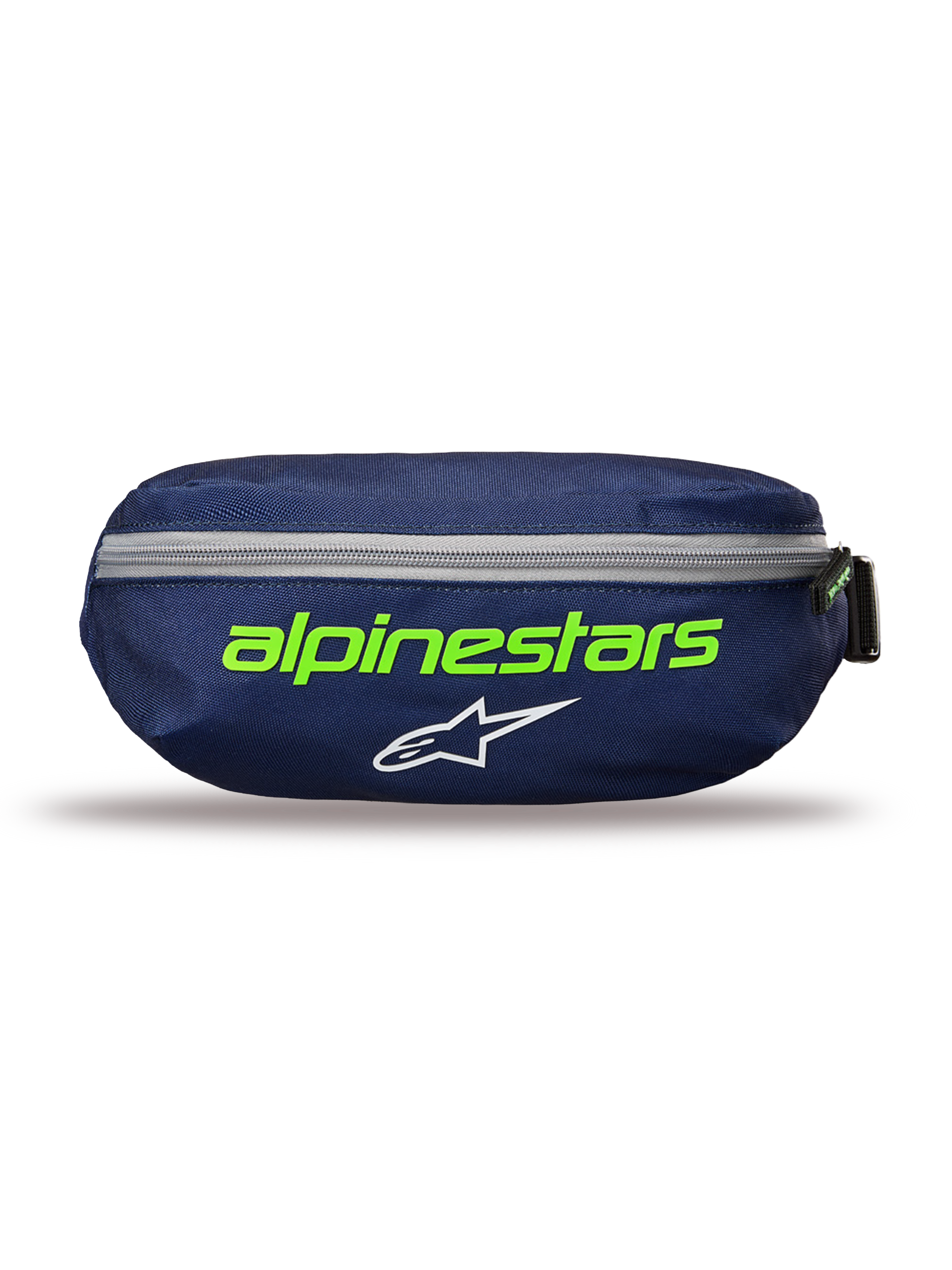 Alpinestars Only Linear Hüfttasche, Navy Green Gürteltasche, dunkelblau mit leuchtend grünem Alpinestars-Schriftzug und weißem Stern-Logo, horizontaler grauer Reißverschluss, strapazierfähige Polyester-Konstruktion, kompaktes Accessoire für den Alltag
