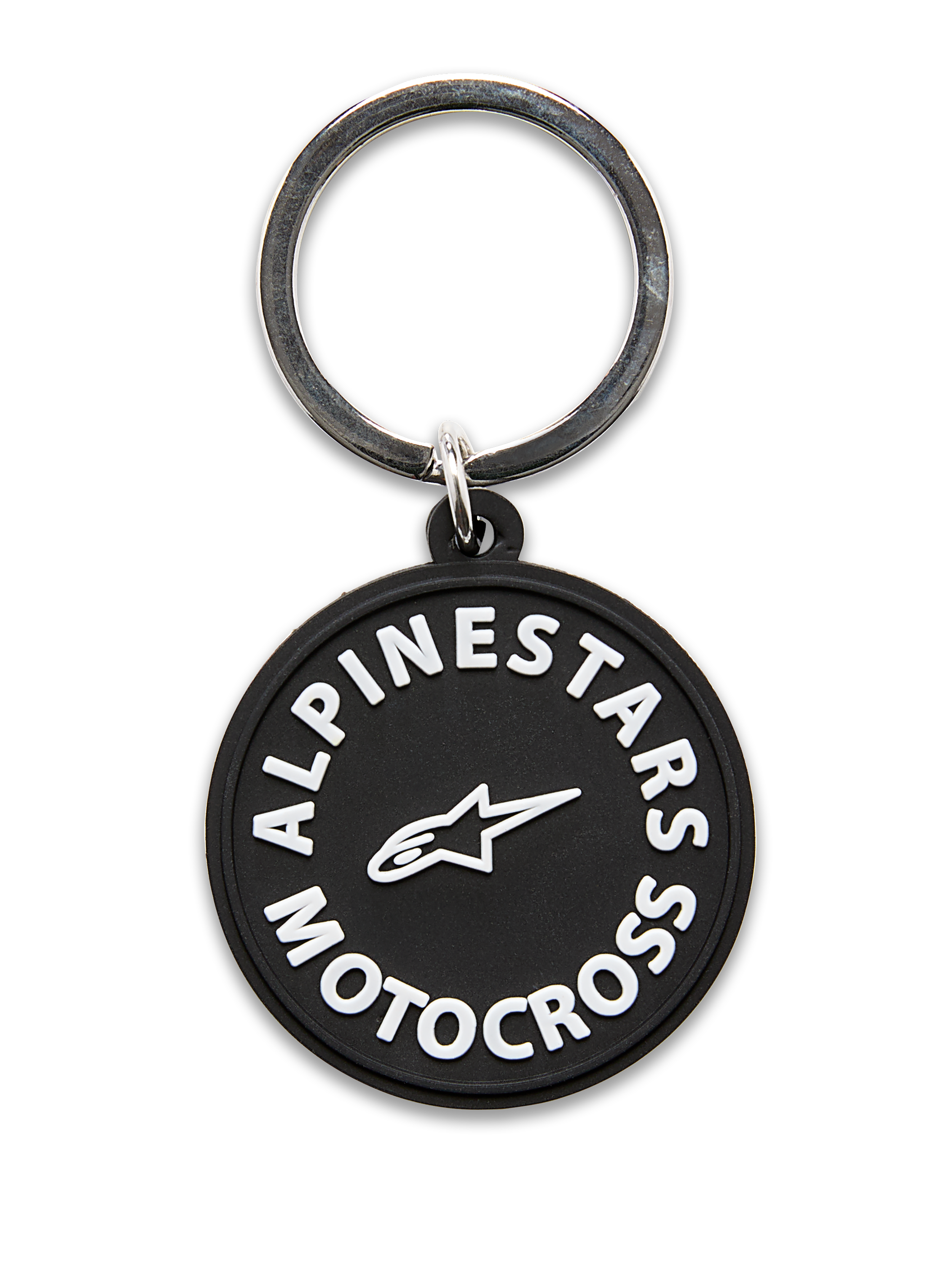 Alpinestars MX Keyfob, circular 3D molded keychain, black with white Alpinestars Motocross graphics and star logo, silver metal snap ring, durable accessory for daily use