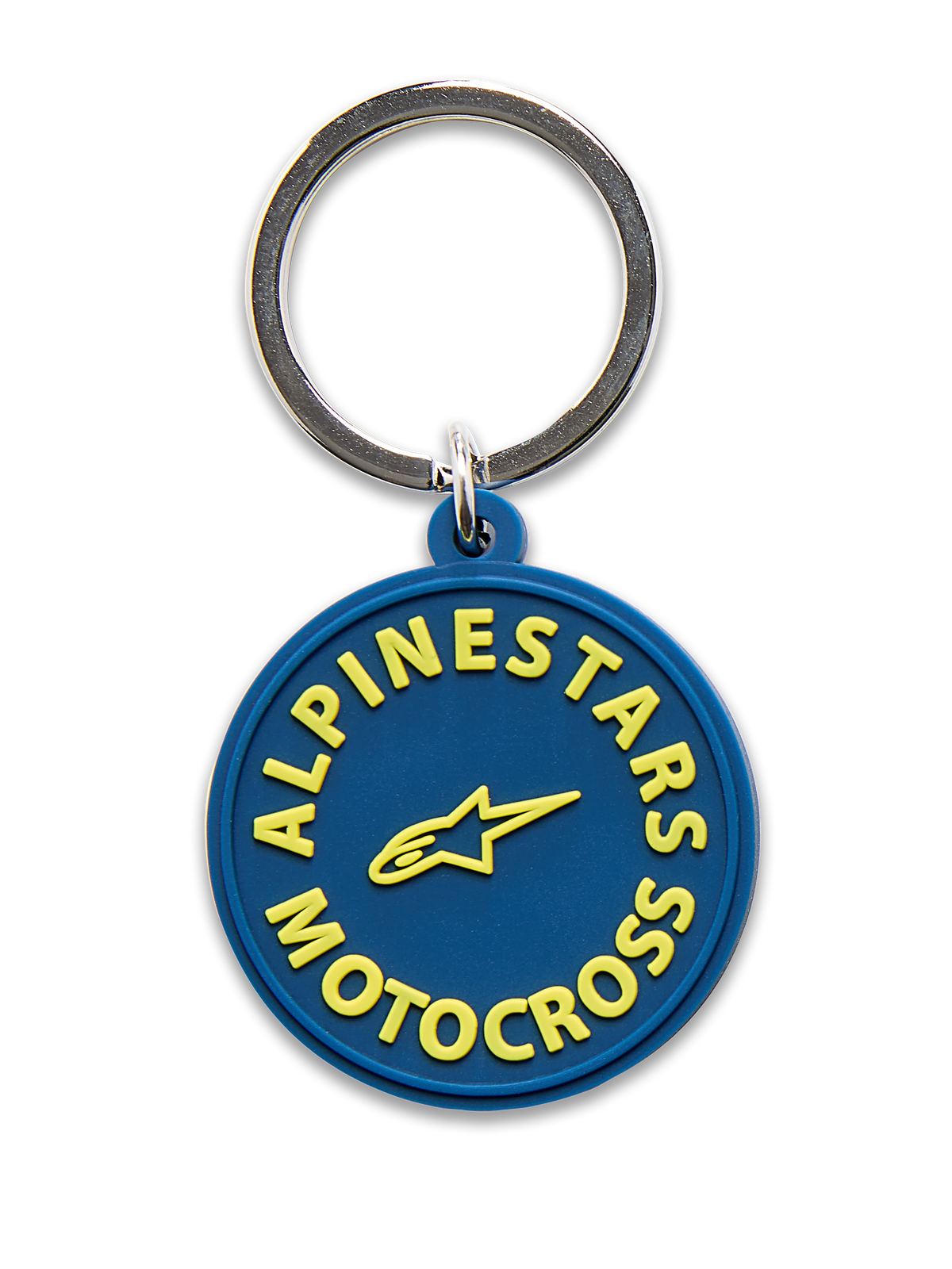 Alpinestars MX Keyfob, Keychain, Navy Blue with Yellow, 3D molded circular design featuring yellow Alpinestars Motocross text and star logo, silver metal snap ring, motorsport-inspired accessory