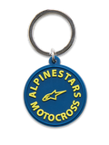 Alpinestars MX sleutelhanger, donkerblauw met geel, 3D-gevormd rond ontwerp met gele Alpinestars Motocross-tekst en sterlogo, zilveren metalen ring, motorsport-geïnspireerd accessoire