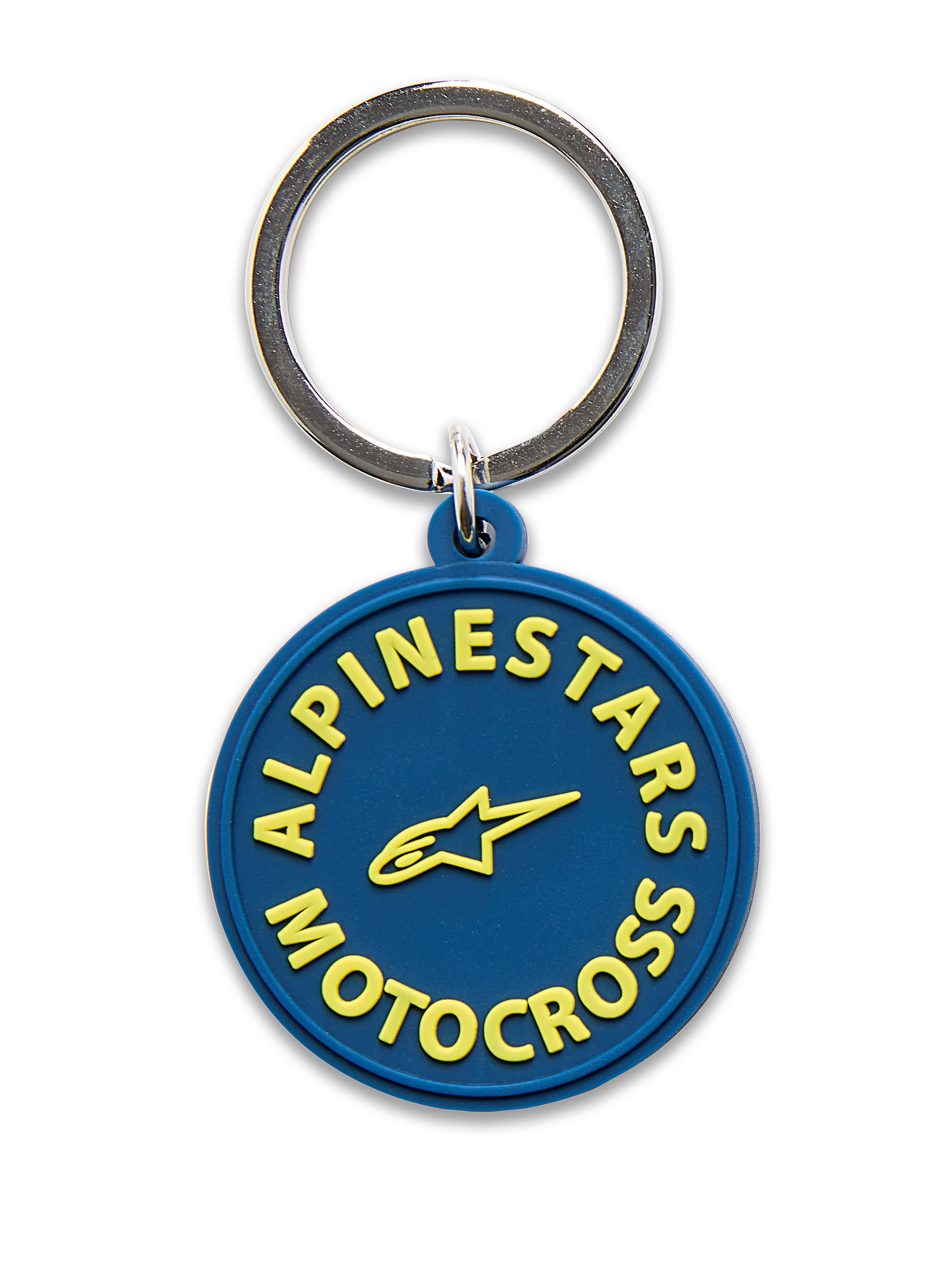 Alpinestars MX sleutelhanger, donkerblauw met geel, 3D-gevormd rond ontwerp met gele Alpinestars Motocross-tekst en sterlogo, zilveren metalen ring, motorsport-geïnspireerd accessoire
