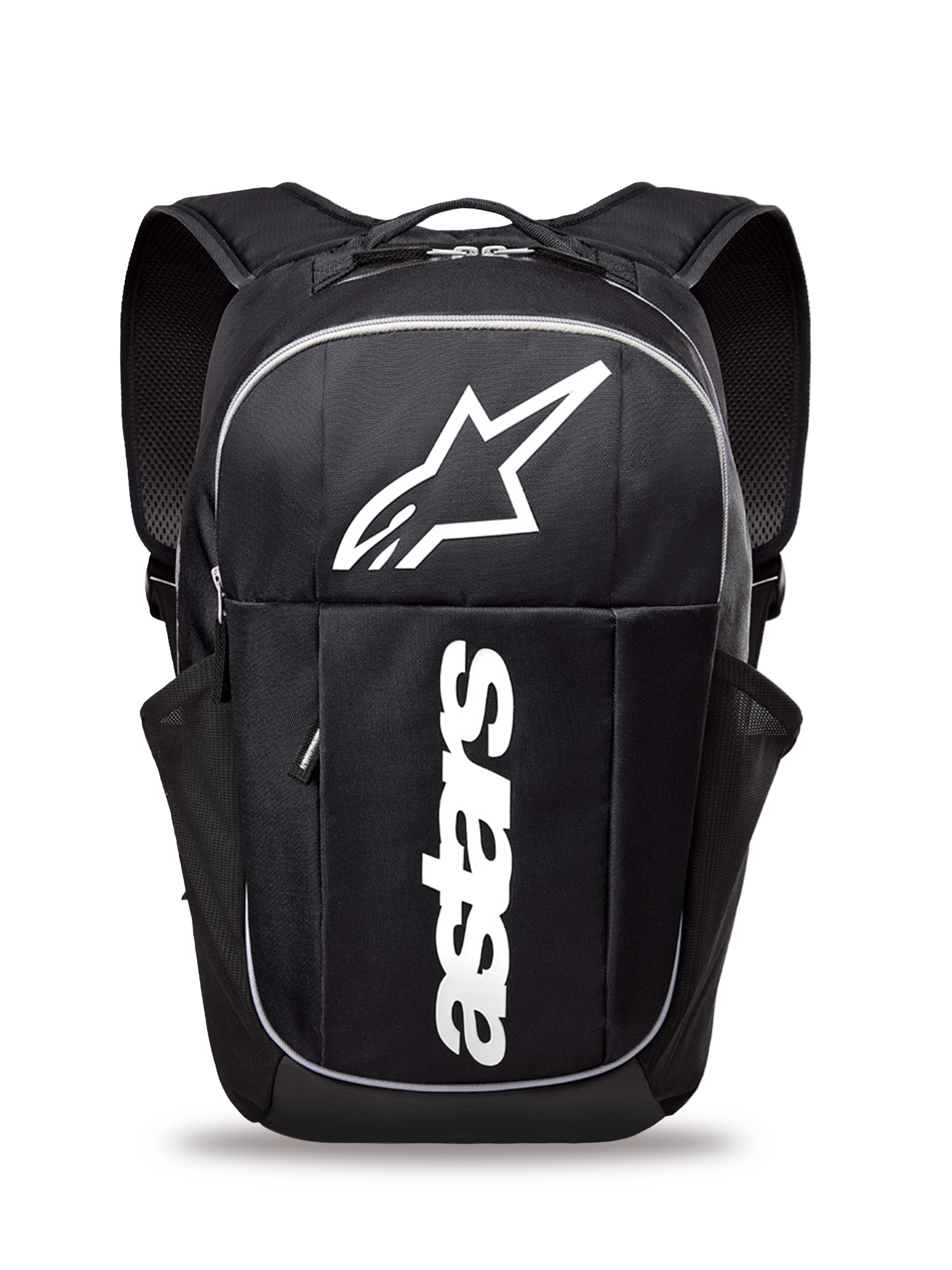 Alpinestars GFX Boss Backpack, mid-size daily backpack, Black and White, featuring a large white Astars logo and vertical branding, side mesh water bottle pockets, padded air mesh shoulder straps, durable construction for casual use
