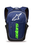 Alpinestars GFX Boss rugzak, lifestyle rugzak, marineblauw en limegroen, voorzien van een groot wit Astars-logo en verticale limegroene branding, zijvakken van mesh voor drinkflessen, duurzame polyester constructie voor dagelijks gebruik