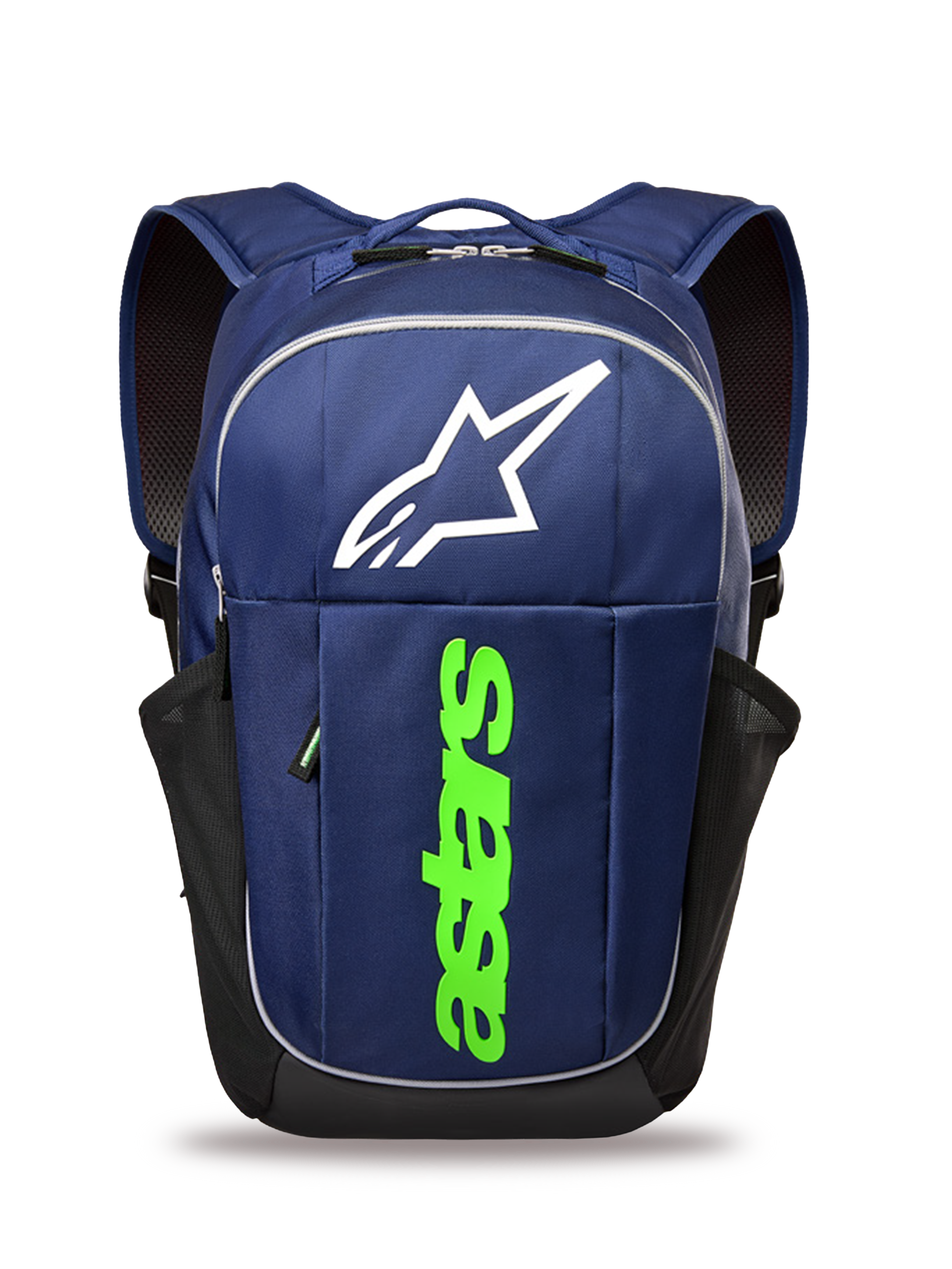 Alpinestars GFX Boss rugzak, lifestyle rugzak, marineblauw en limegroen, voorzien van een groot wit Astars-logo en verticale limegroene branding, zijvakken van mesh voor drinkflessen, duurzame polyester constructie voor dagelijks gebruik