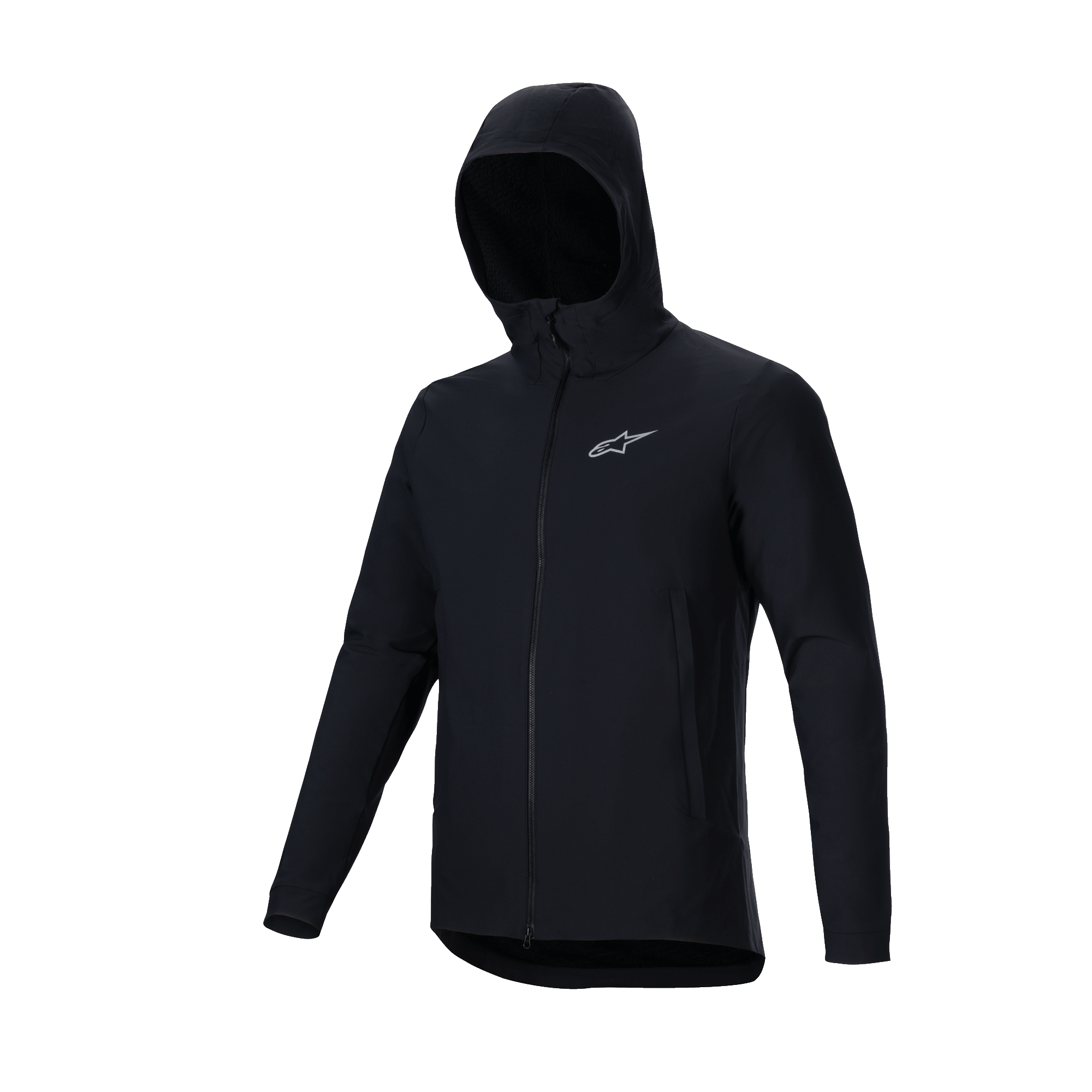 Veste thermique Alpinestars A-Dura, noire, veste de VTT légère et isolée, dotée d'un design à capuche, d'une fermeture éclair frontale intégrale et d'un logo Astars argenté réfléchissant sur la poitrine, vêtement technique pour le cyclisme par temps froid