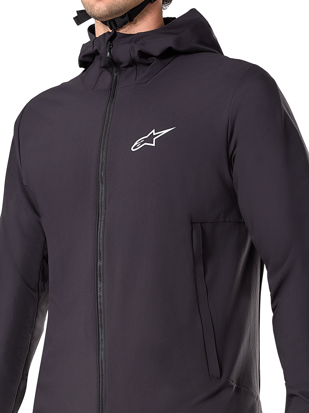 Veste thermique Alpinestars A-Dura, veste de VTT noire, gros plan sur le tissu technique isolant, conception légère et respirante pour le cyclisme tout-terrain par temps froid