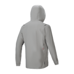 Alpinestars A-Dura Thermal Jacket, geïsoleerde fietsjas, Titanium grijs, achteraanzicht met capuchon omhoog, minimalistisch ontwerp met klein logodetail op de onderrug, lichtgewicht thermische prestaties voor mountainbiken