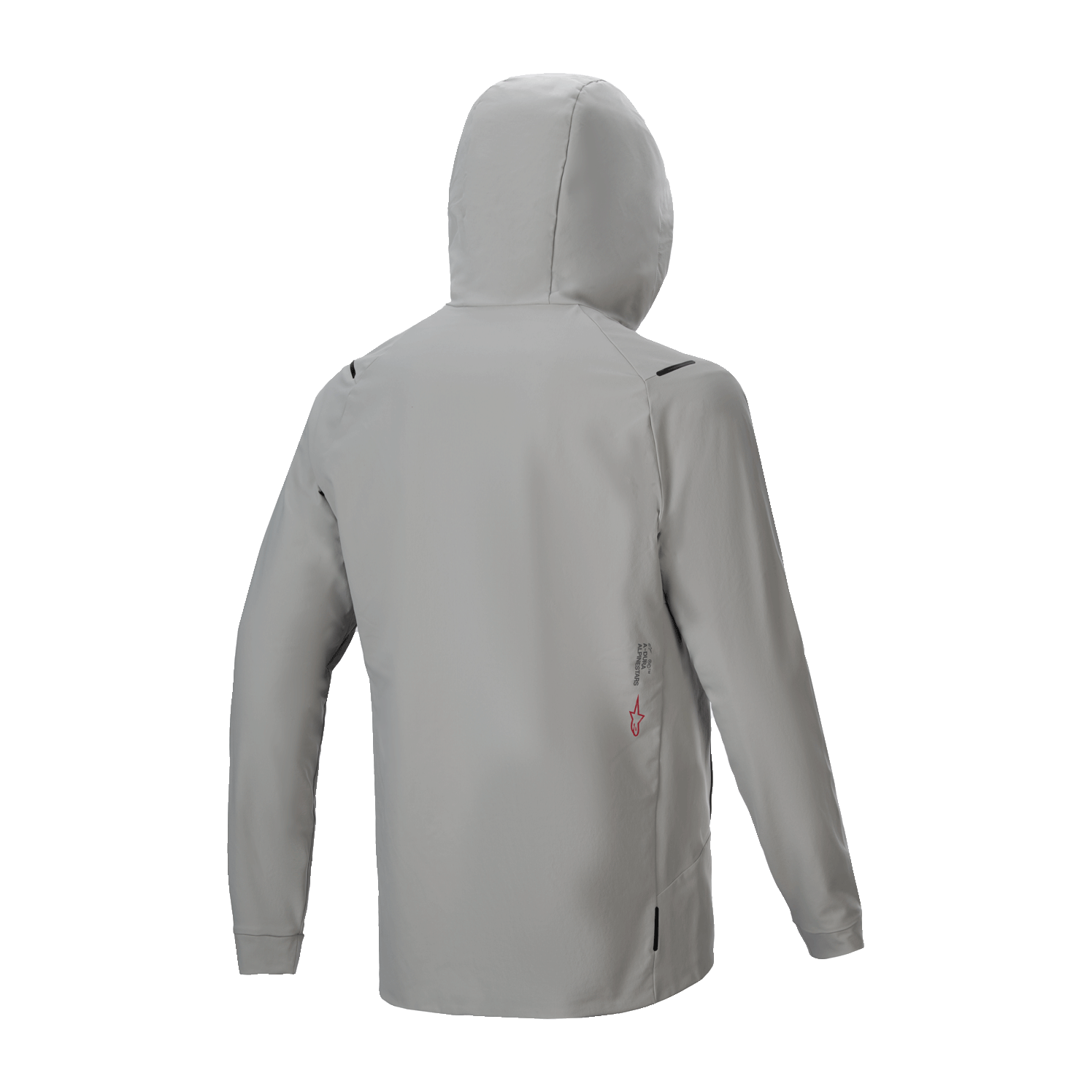 Alpinestars A-Dura Thermal Jacket, geïsoleerde fietsjas, Titanium grijs, achteraanzicht met capuchon omhoog, minimalistisch ontwerp met klein logodetail op de onderrug, lichtgewicht thermische prestaties voor mountainbiken