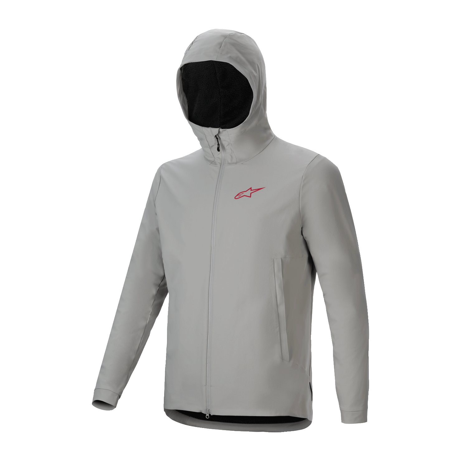 Alpinestars A-Dura Thermal Jacket, lichtgrijze Titanium fietsjas voorzien van een geïsoleerde capuchon, rood logo op de borst en volledige ritssluiting aan de voorzijde, technische mountainbike-uitrusting voor bescherming tegen koud weer.