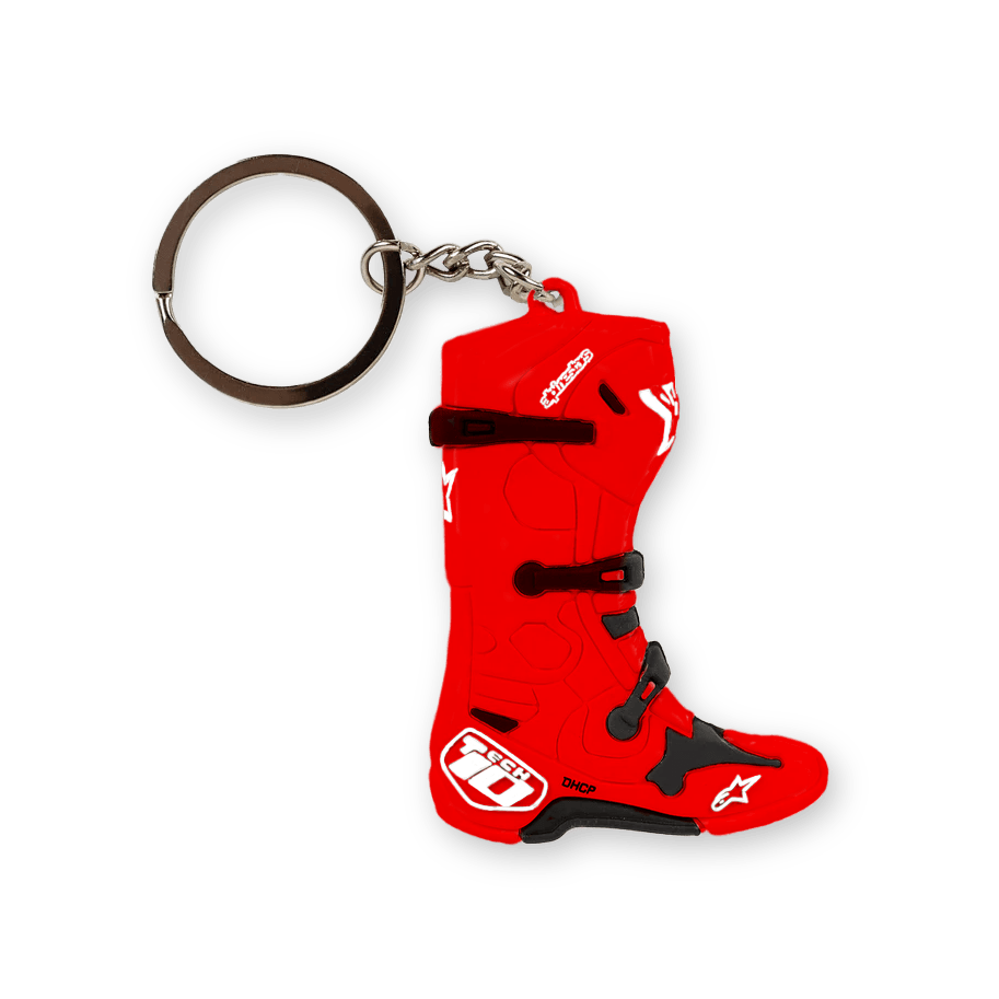 Alpinestars Tech 10 Boot Keyfob, 3D Miniature Motocross Boot Keychain, Red with black and white accents, silver metal ring, detailed racing boot design, motorsport sportswear accessory
