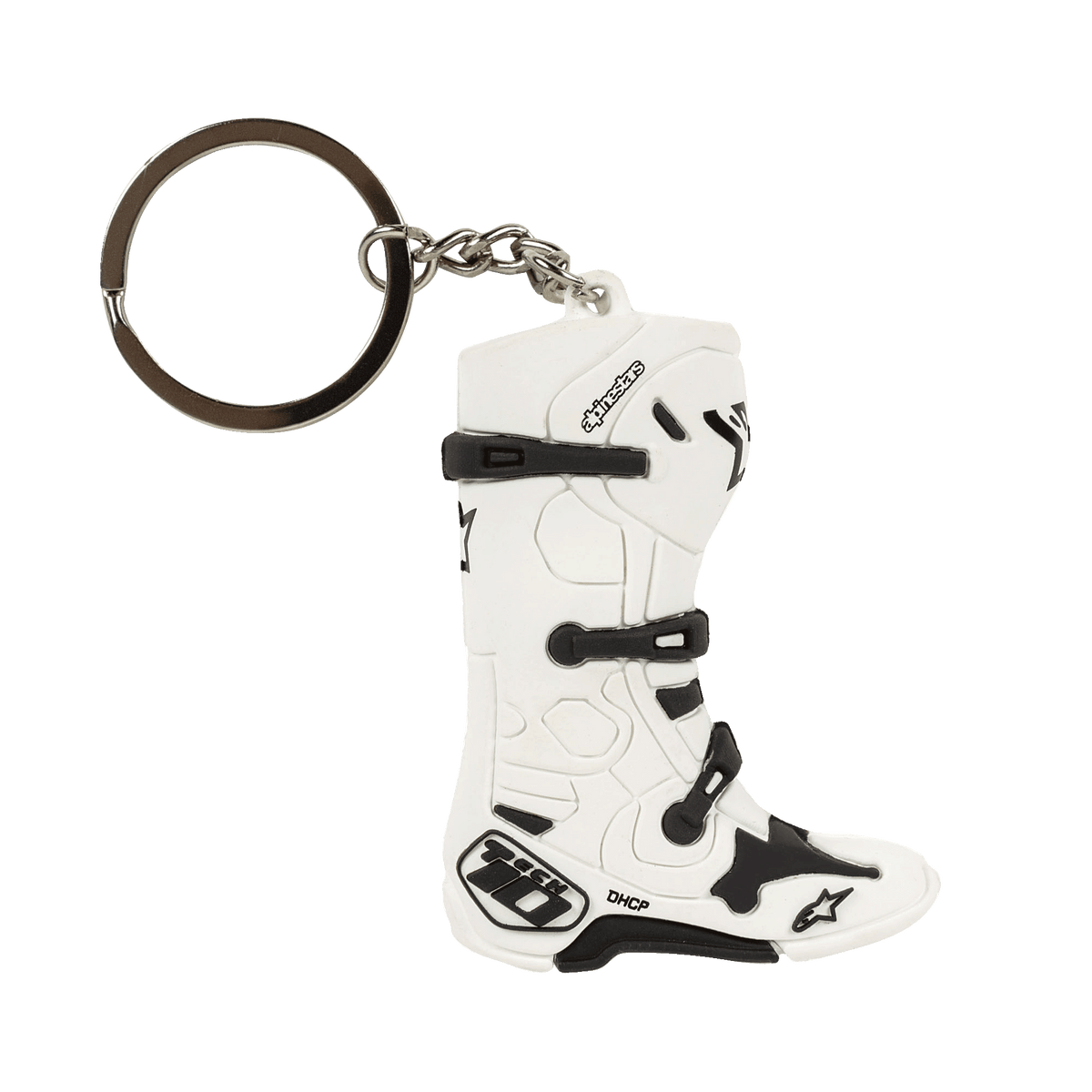 Alpinestars New Tech 10 Boot Keyfob, porte-clés miniature en 3D en forme de botte de motocross, blanc et noir, avec sangles et logos détaillés, anneau et chaîne métalliques, accessoire inspiré des sports mécaniques