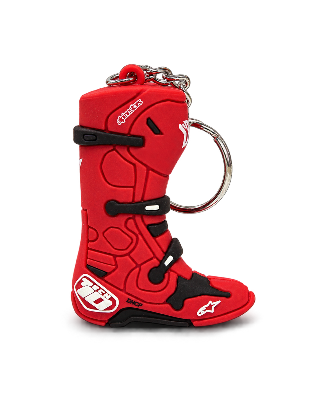 Alpinestars Tech 10 boot sleutelhanger, rood en zwart, 3D-miniatuurreplica met metalen drukring