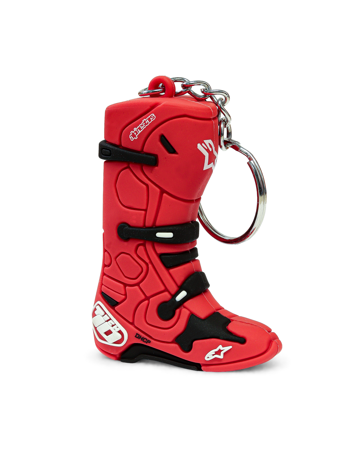 Alpinestars Tech 10 Boot sleutelhanger, 3D motocross laars sleutelhanger, rood en zwart, synthetisch ontwerp met metalen ring