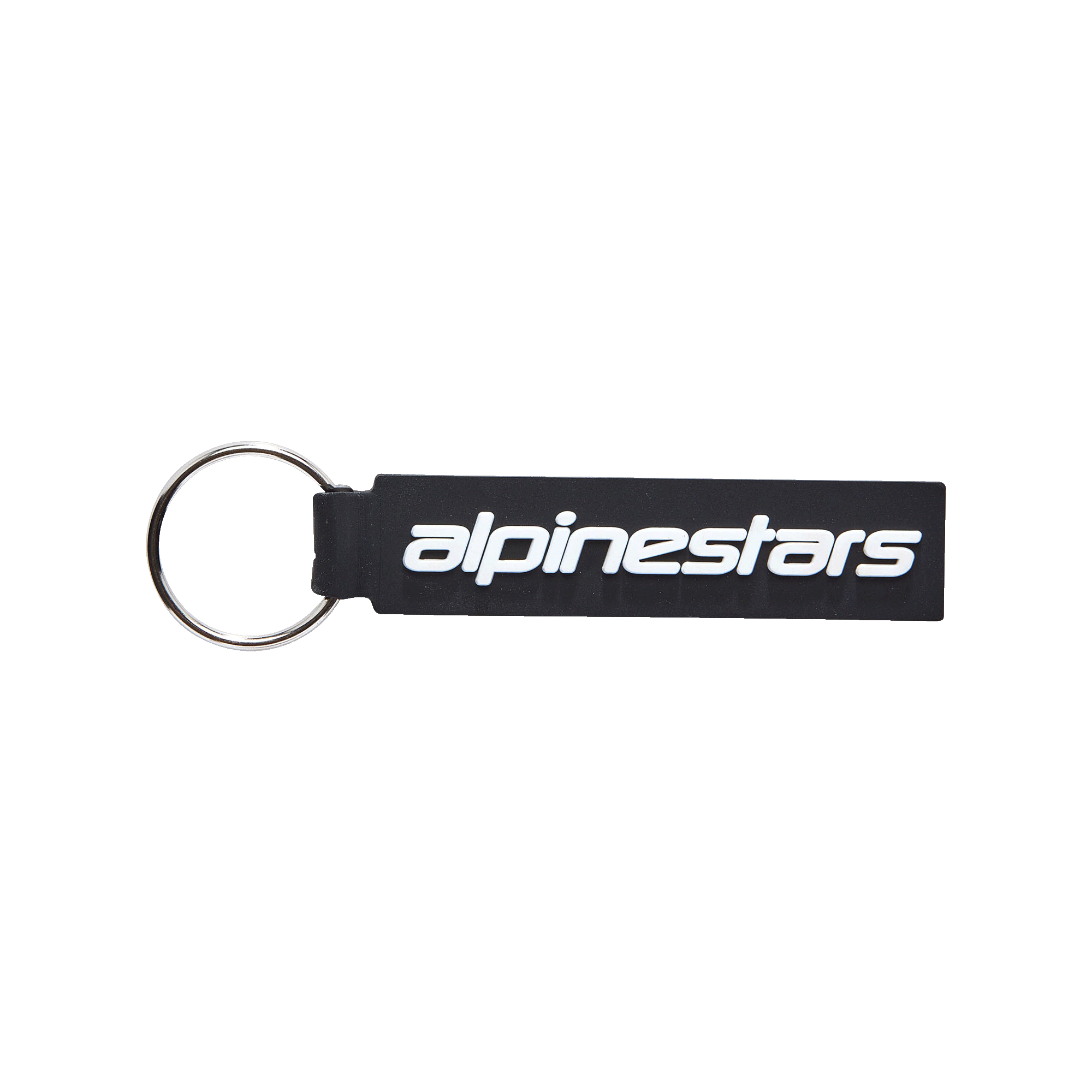 Alpinestars Linear Schlüsselanhänger, schwarzer rechteckiger Schlüsselanhänger mit weißem Alpinestars-Logo, silberner Metallring, hochwertige 3D-geformte PVC-Konstruktion, Motorsport-inspiriertes Accessoire