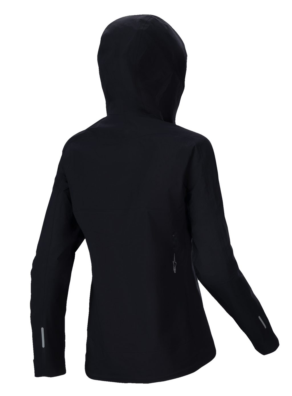 Veste imperméable Alpinestars Stella A-Dura Elite, veste de pluie VTT pour femme, noir, vue arrière présentant la capuche compatible avec le casque, détails réfléchissants sur les manches et le bas du dos, textile ripstop durable pour rouler sur les sentiers par tous les temps