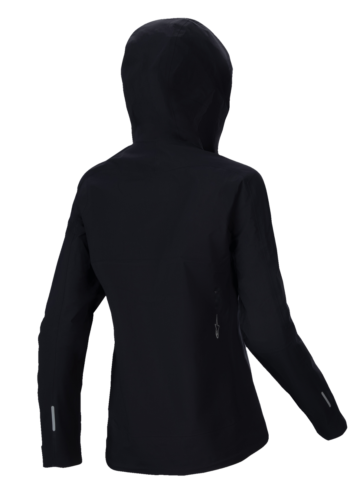 Veste imperméable Alpinestars Stella A-Dura Elite, veste de pluie VTT pour femme, noir, vue arrière présentant la capuche compatible avec le casque, détails réfléchissants sur les manches et le bas du dos, textile ripstop durable pour rouler sur les sentiers par tous les temps