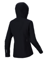 Veste imperméable Alpinestars Stella A-Dura Elite, veste de pluie VTT pour femme, noir, vue arrière présentant la capuche compatible avec le casque, détails réfléchissants sur les manches et le bas du dos, textile ripstop durable pour rouler sur les sentiers par tous les temps